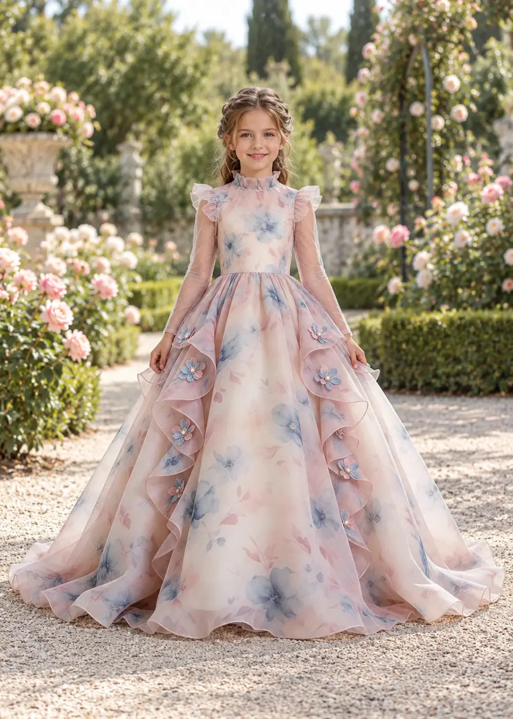 Blush Pink Floral Ruffle-Collar Flower Girl Dress
