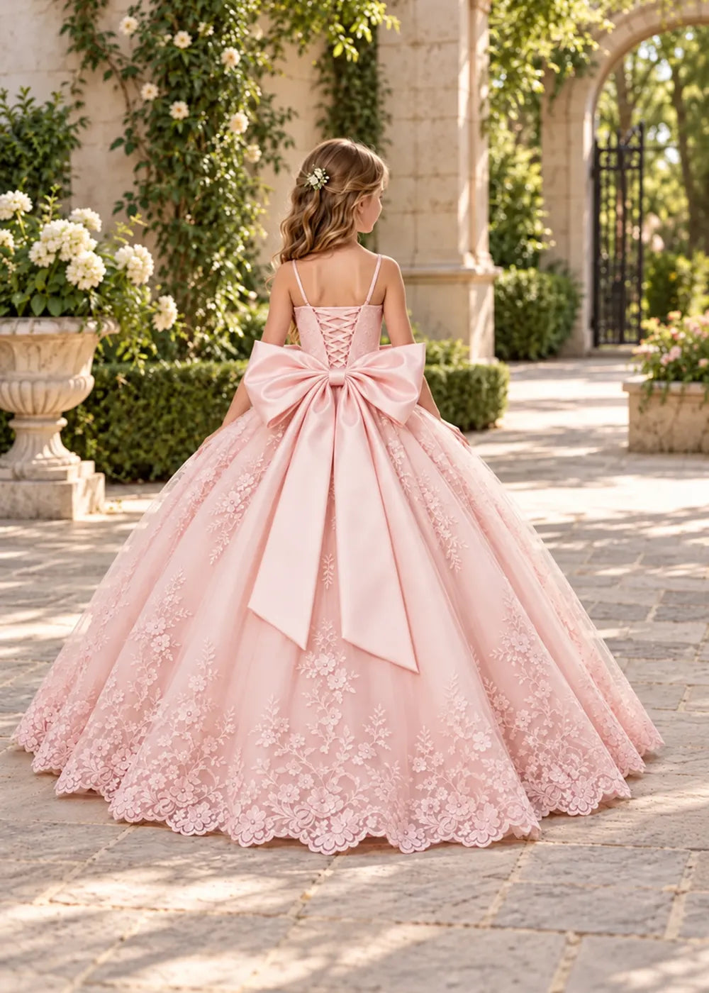 Flower girl dress in Blush Pink, back view.
