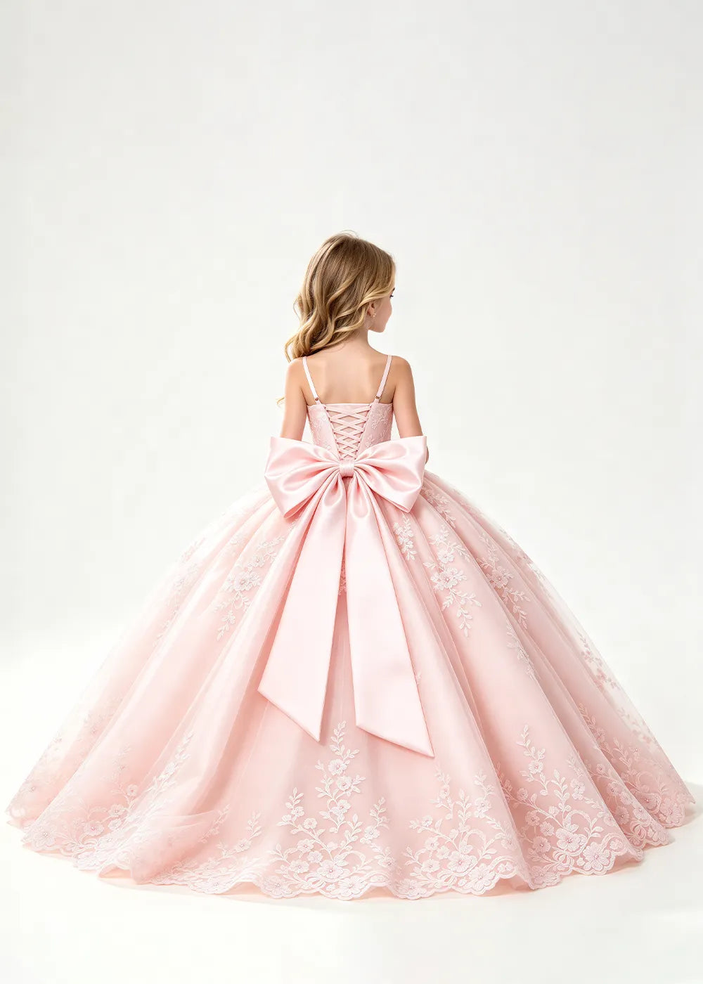 Flower girl dress in Blush Pink, back view.