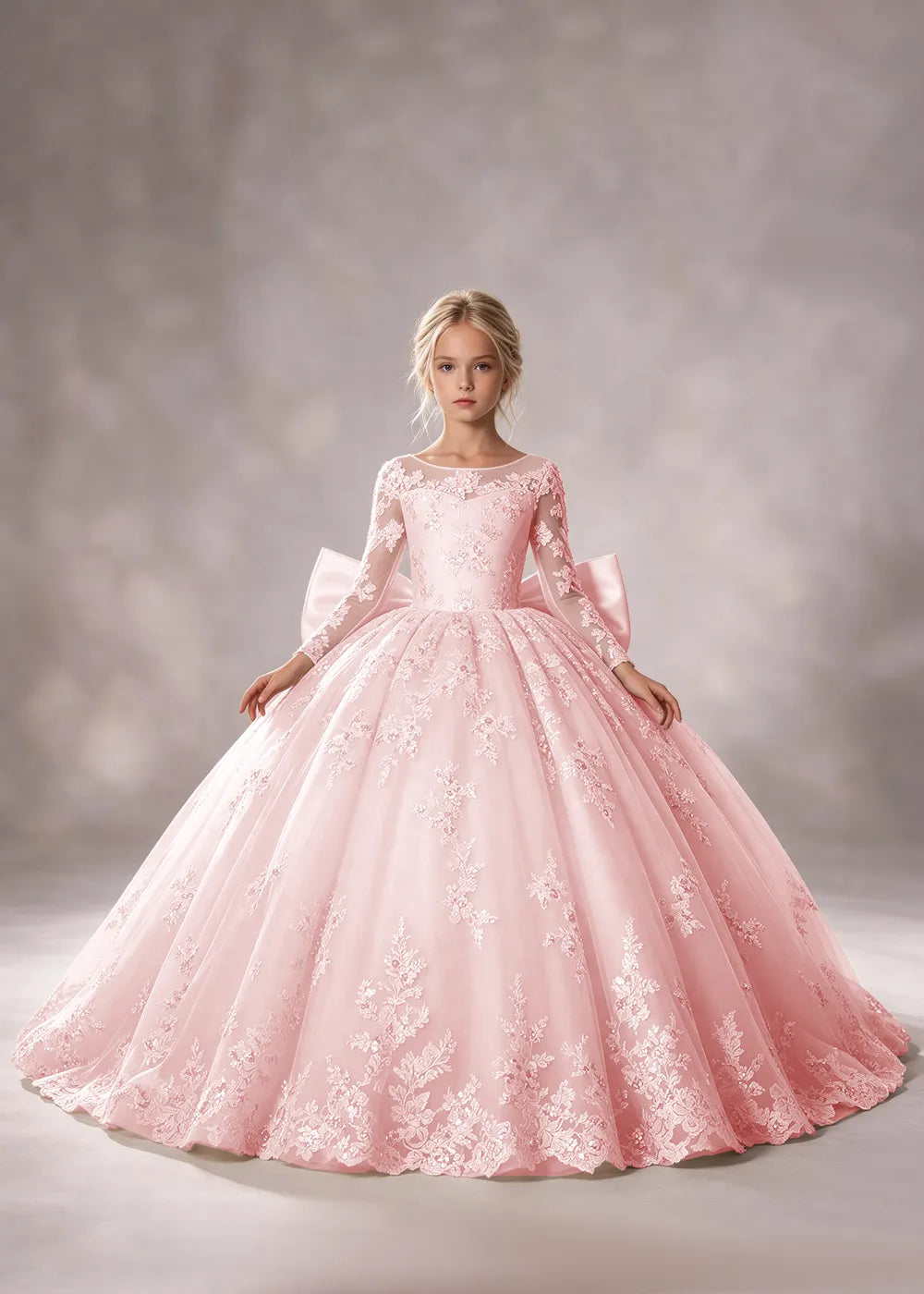Flower girl dress in Blush Pink, front view.