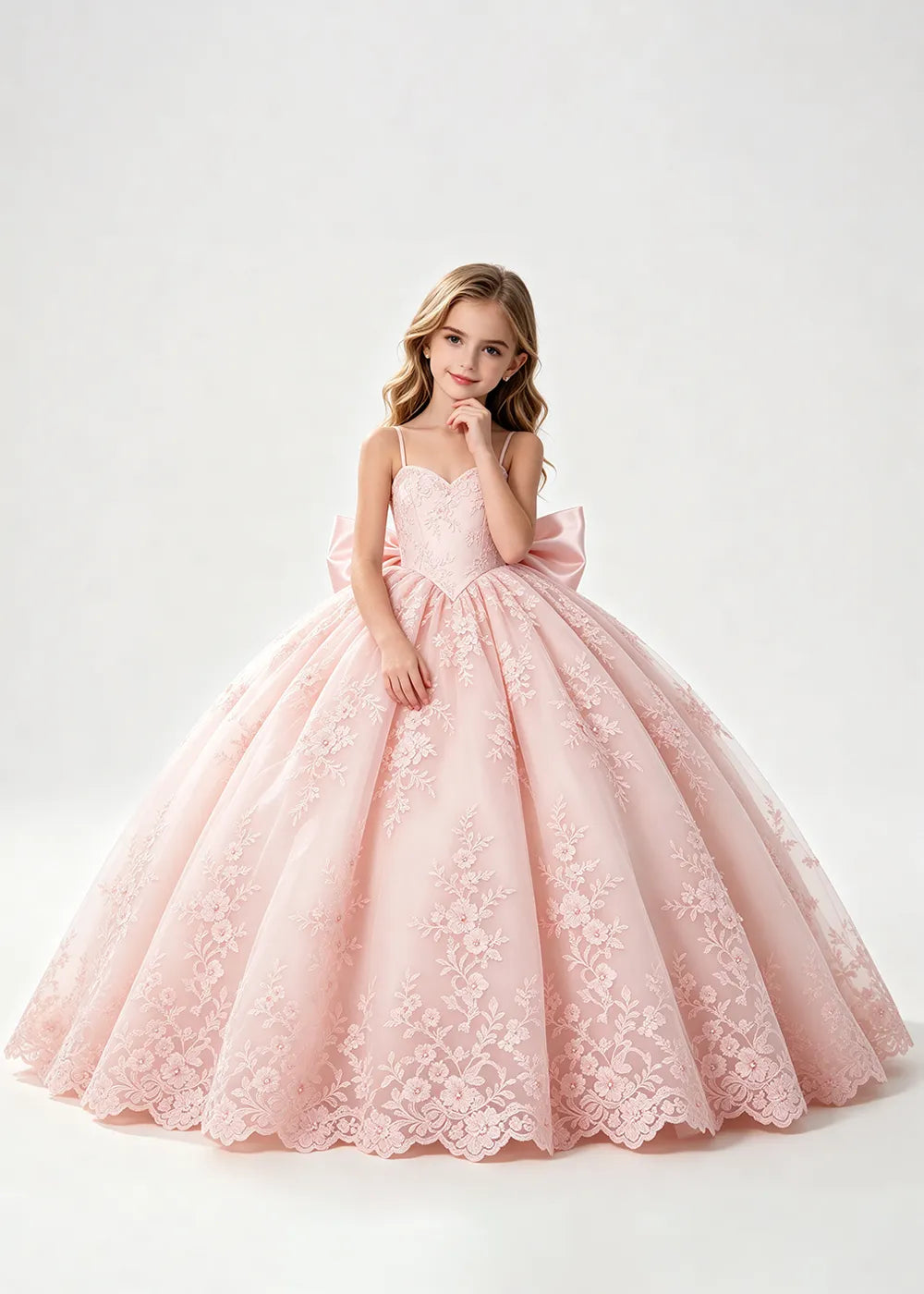 Flower girl dress in Blush Pink, front view.