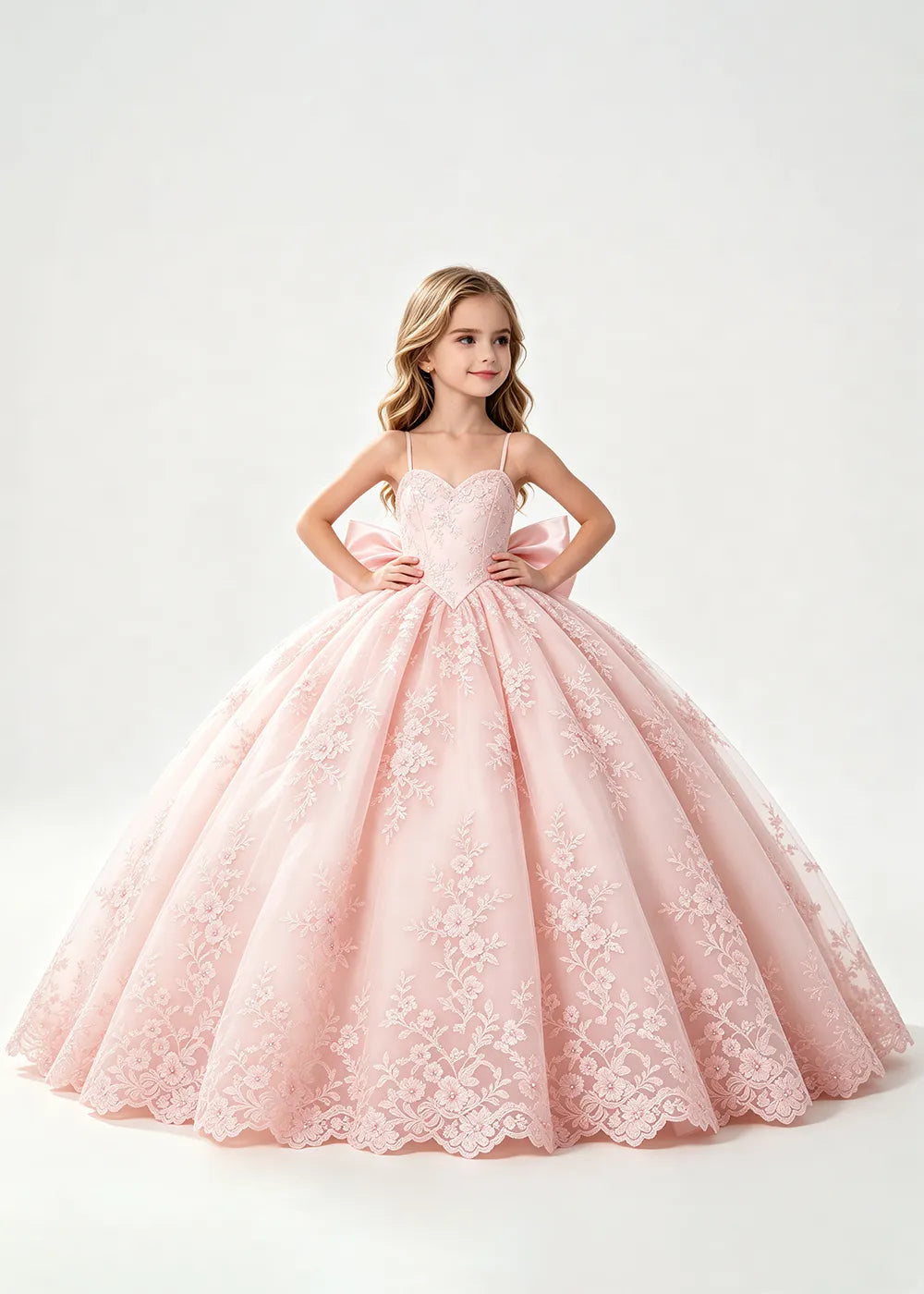 Flower girl dress in Blush Pink, front view.