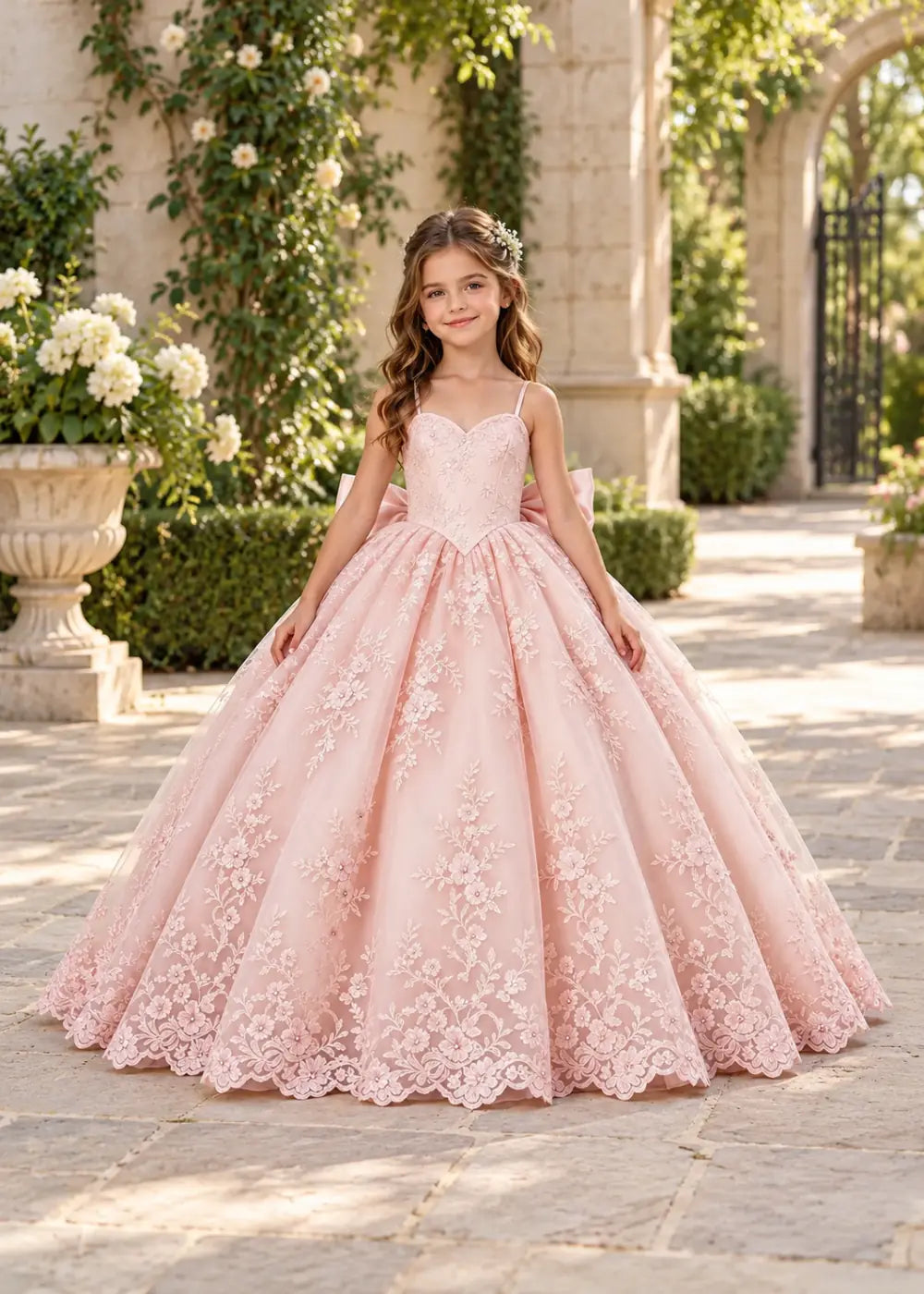 Flower girl dress in Blush Pink, front view.