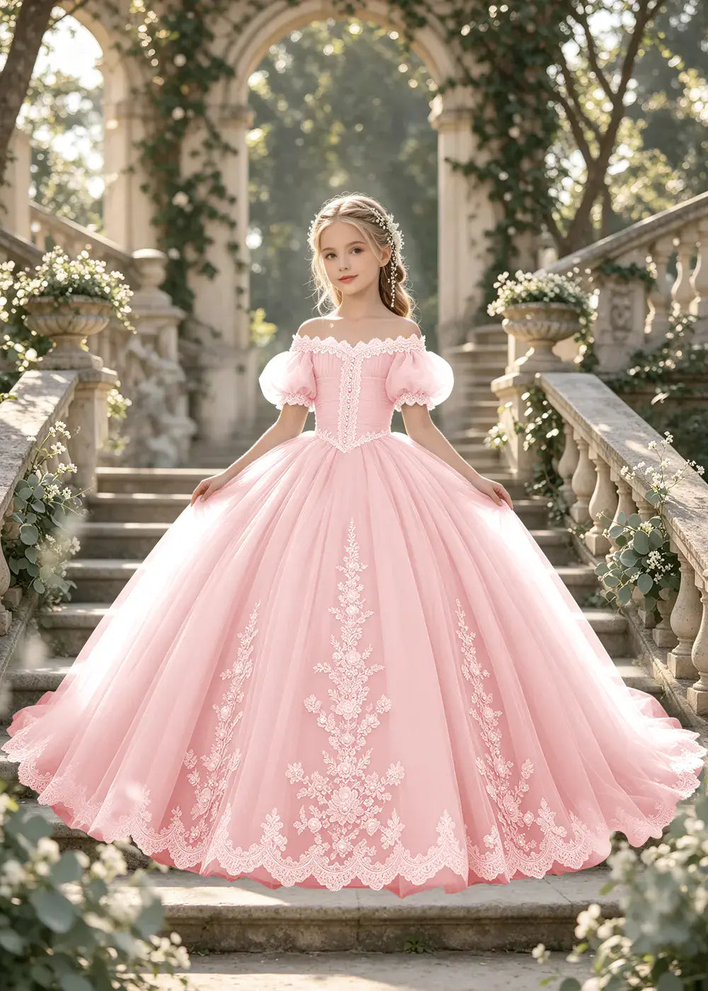 Flower girl dress in Blush Pink, front view.