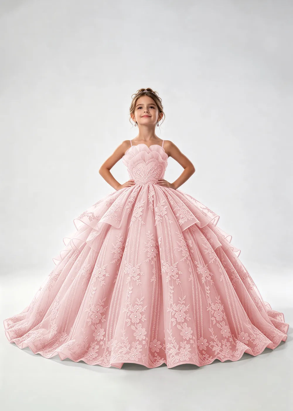 Flower girl dress in Blush Pink, front view.