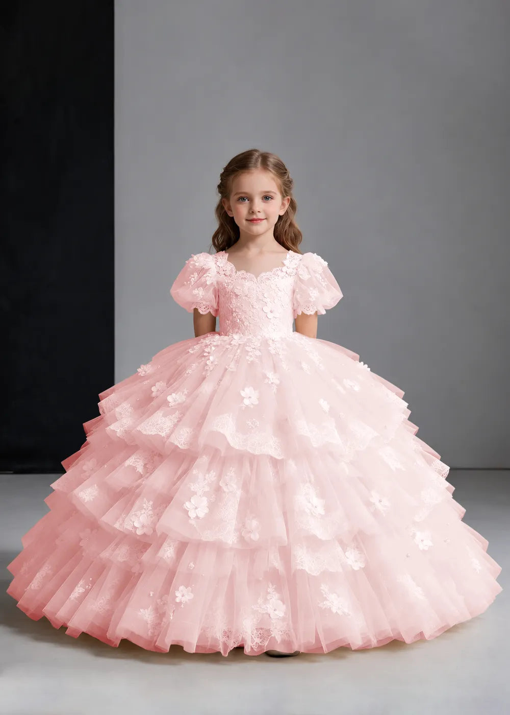 Flower girl dress in Blush Pink, front view.