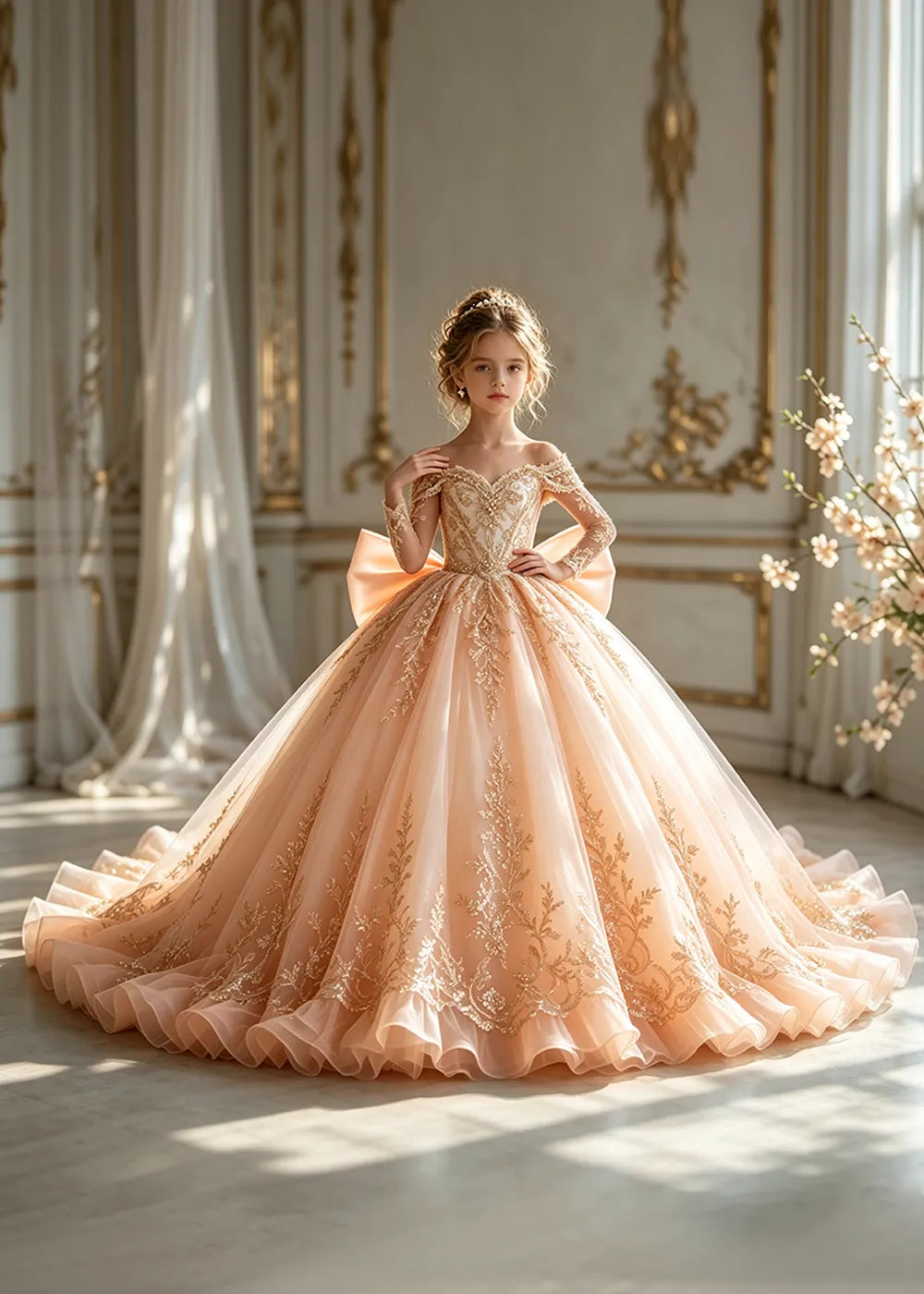 Off-Shoulder Sequin Lace Flower Girl Dress with Bow and Flounced Hem