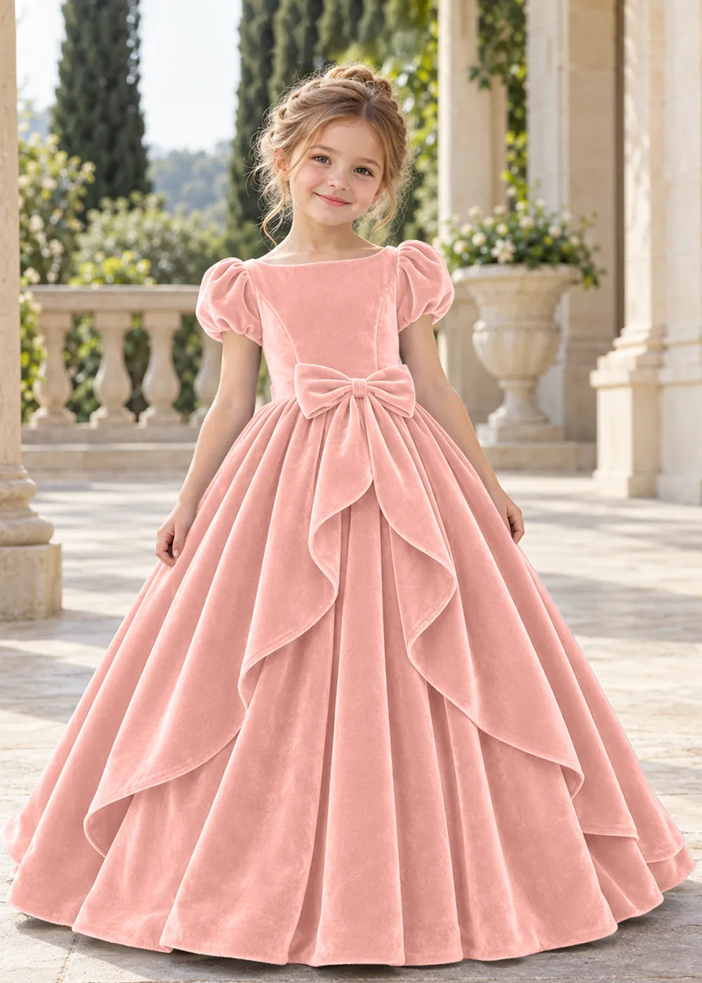 Front view of a child wearing a blush pink flower girl dress with a square neckline, short puff sleeves and a large velvet bow above a full tiered skirt.