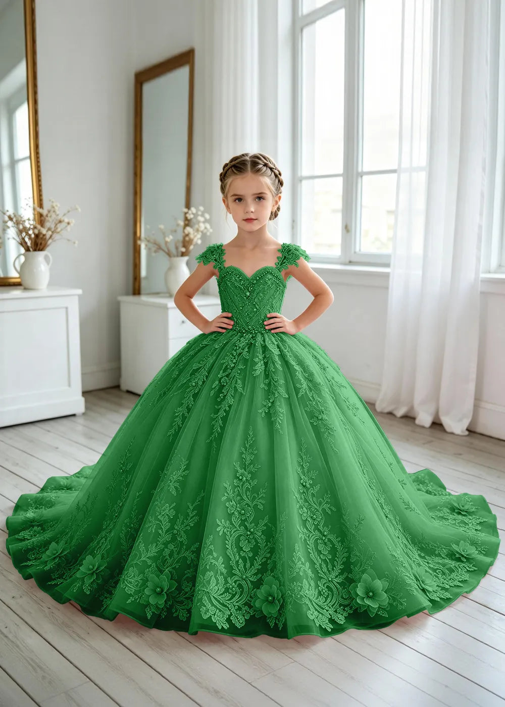 Floral V-Neck Lace Flower Girl Ball Gown Dress