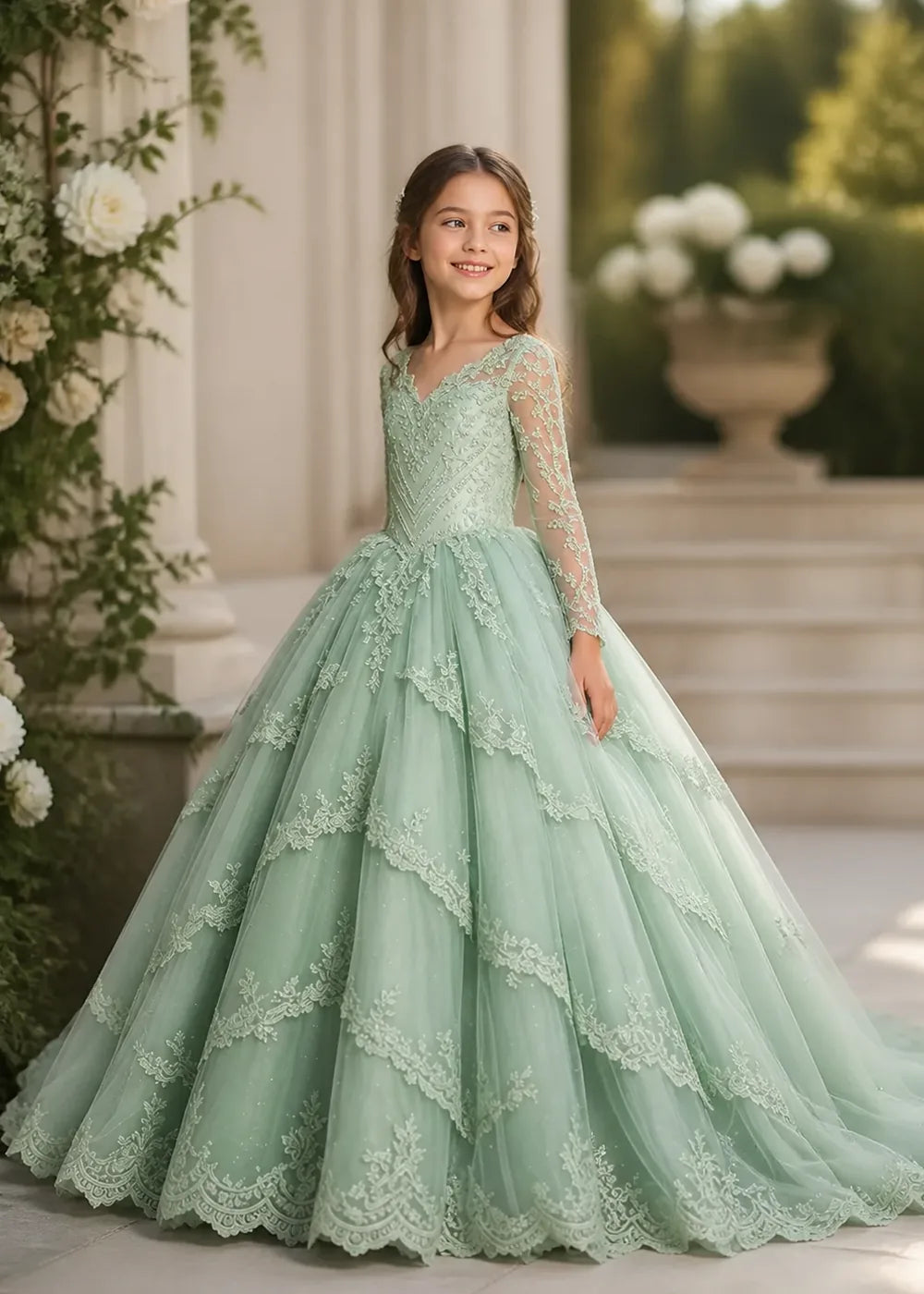Long Sleeve Floral Lace Flower Girl Ball Gown Dress