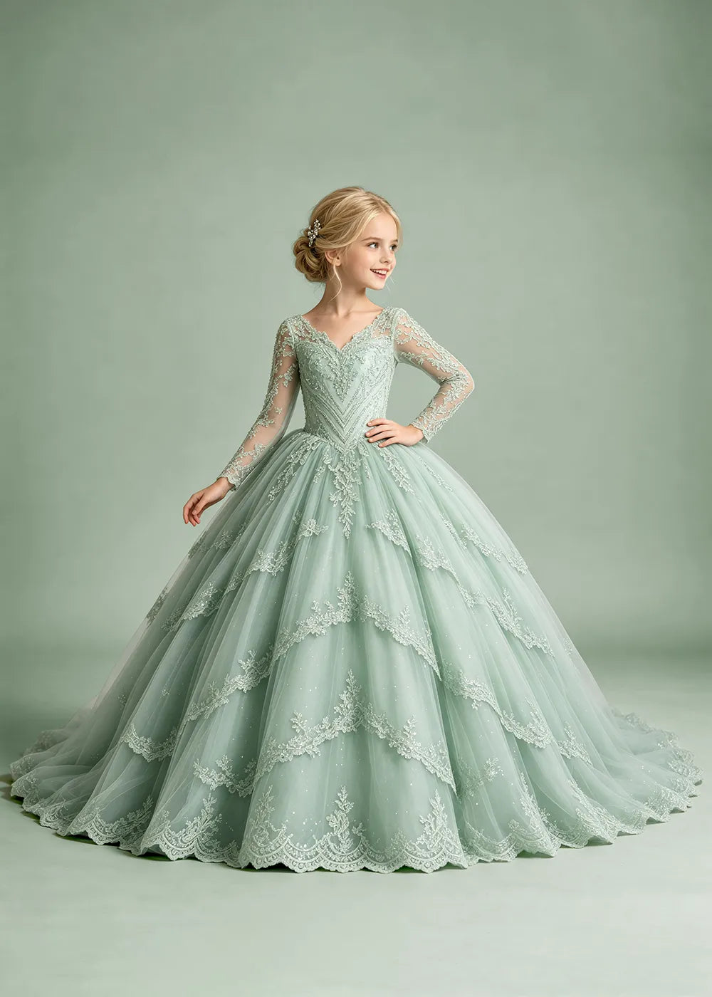 Long Sleeve Floral Lace Flower Girl Ball Gown Dress