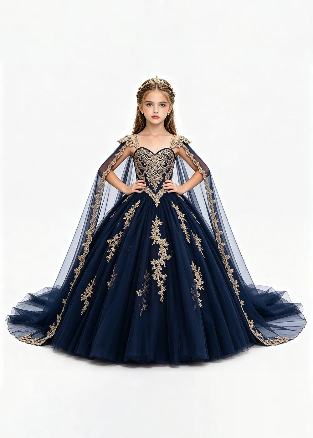 Gold Appliqué Cape Flower Girl Ball Gown Dress