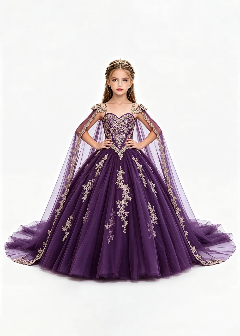 Gold Appliqué Cape Flower Girl Ball Gown Dress