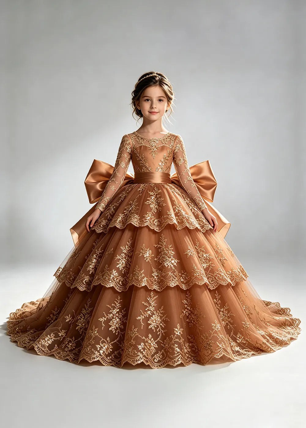 Long Sleeve Lace Flower Girl Dress with Sash Bow and Tiered Skirt