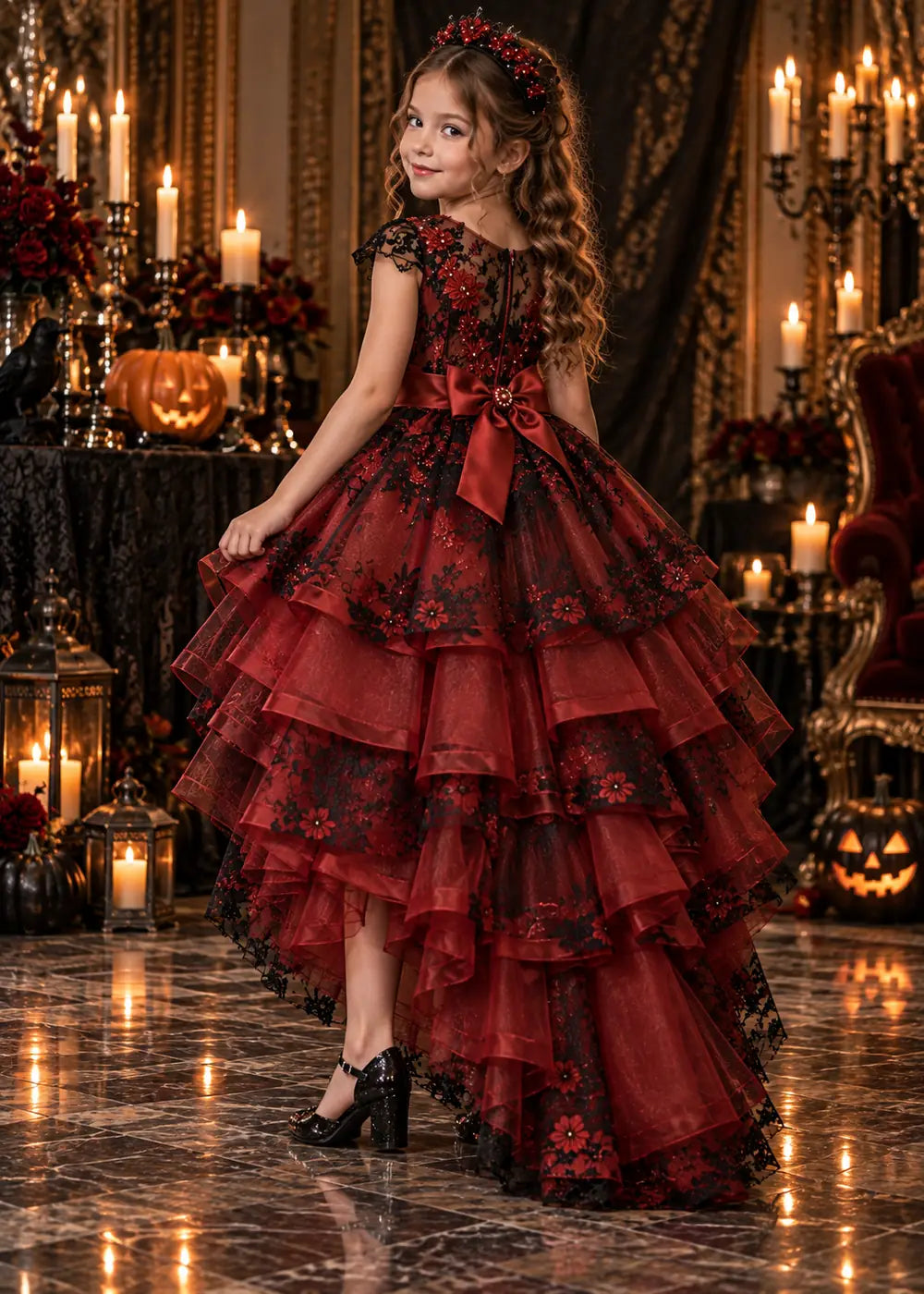 Side back view of the burgundy and black flower girl dress.
