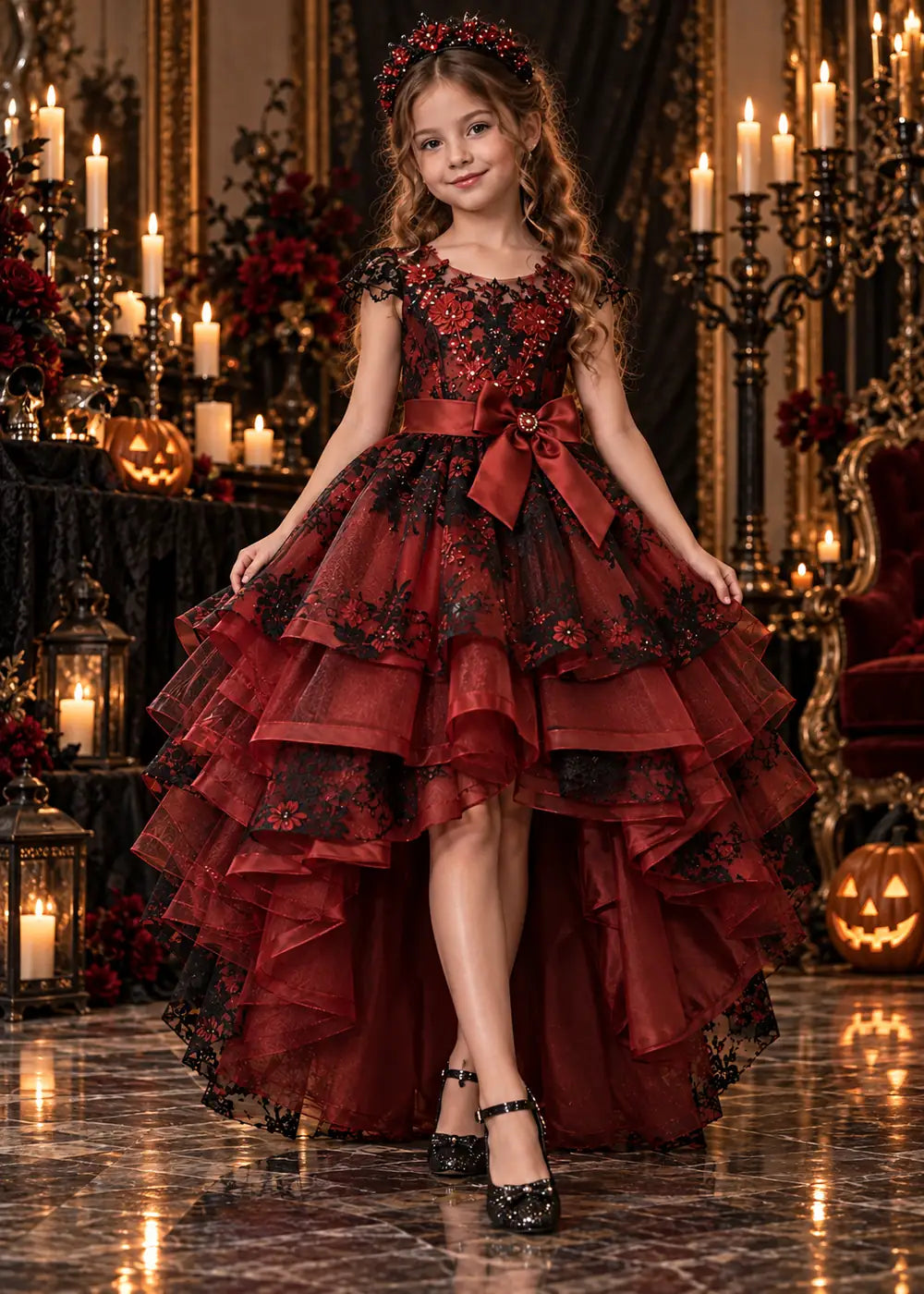Detail view of the burgundy and black flower girl dress.