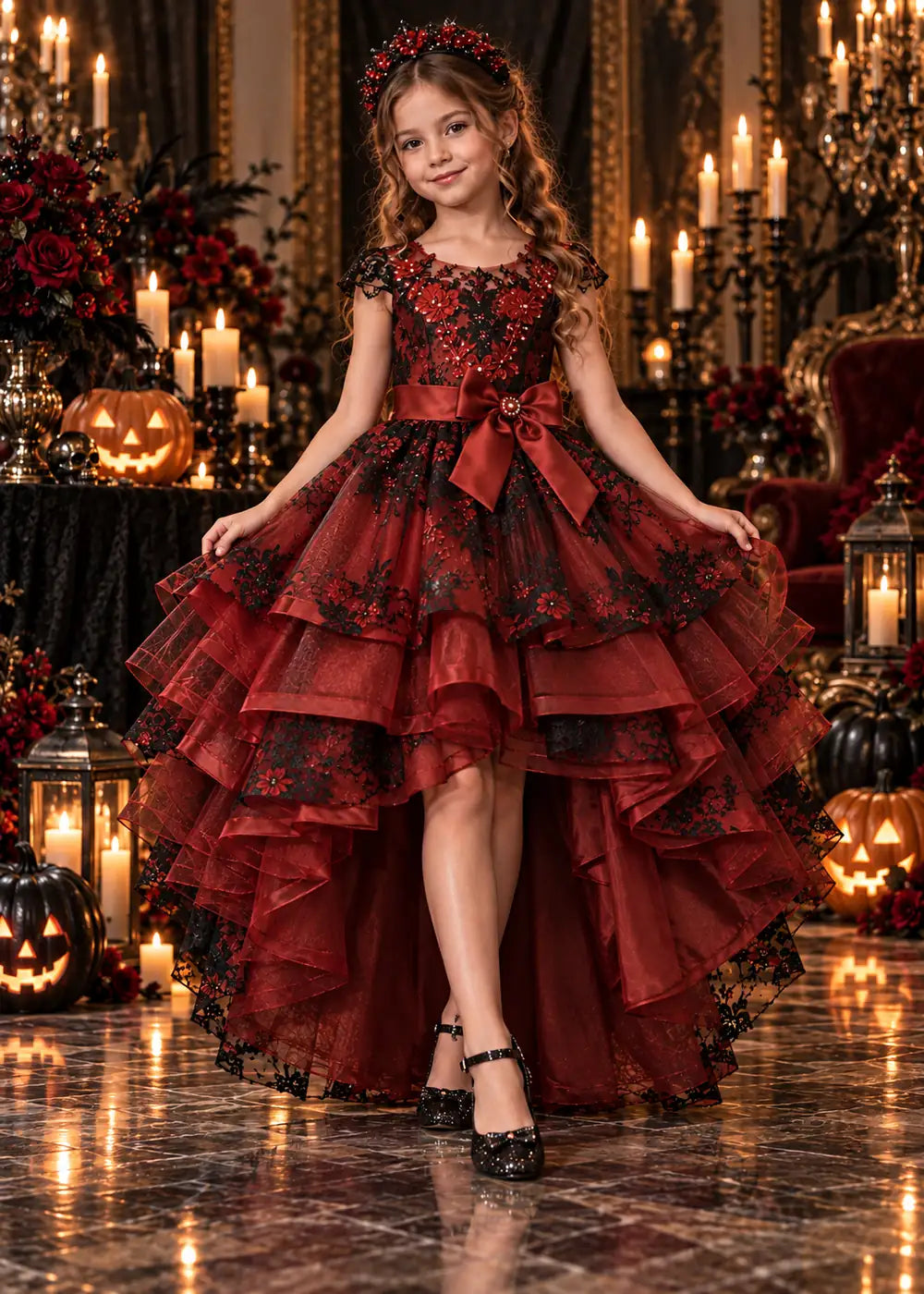 Detail view of the burgundy and black flower girl dress.