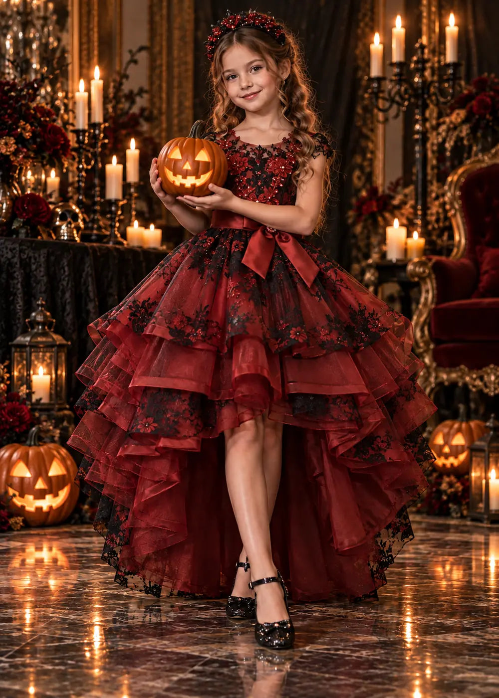 Detail view of the burgundy and black flower girl dress.