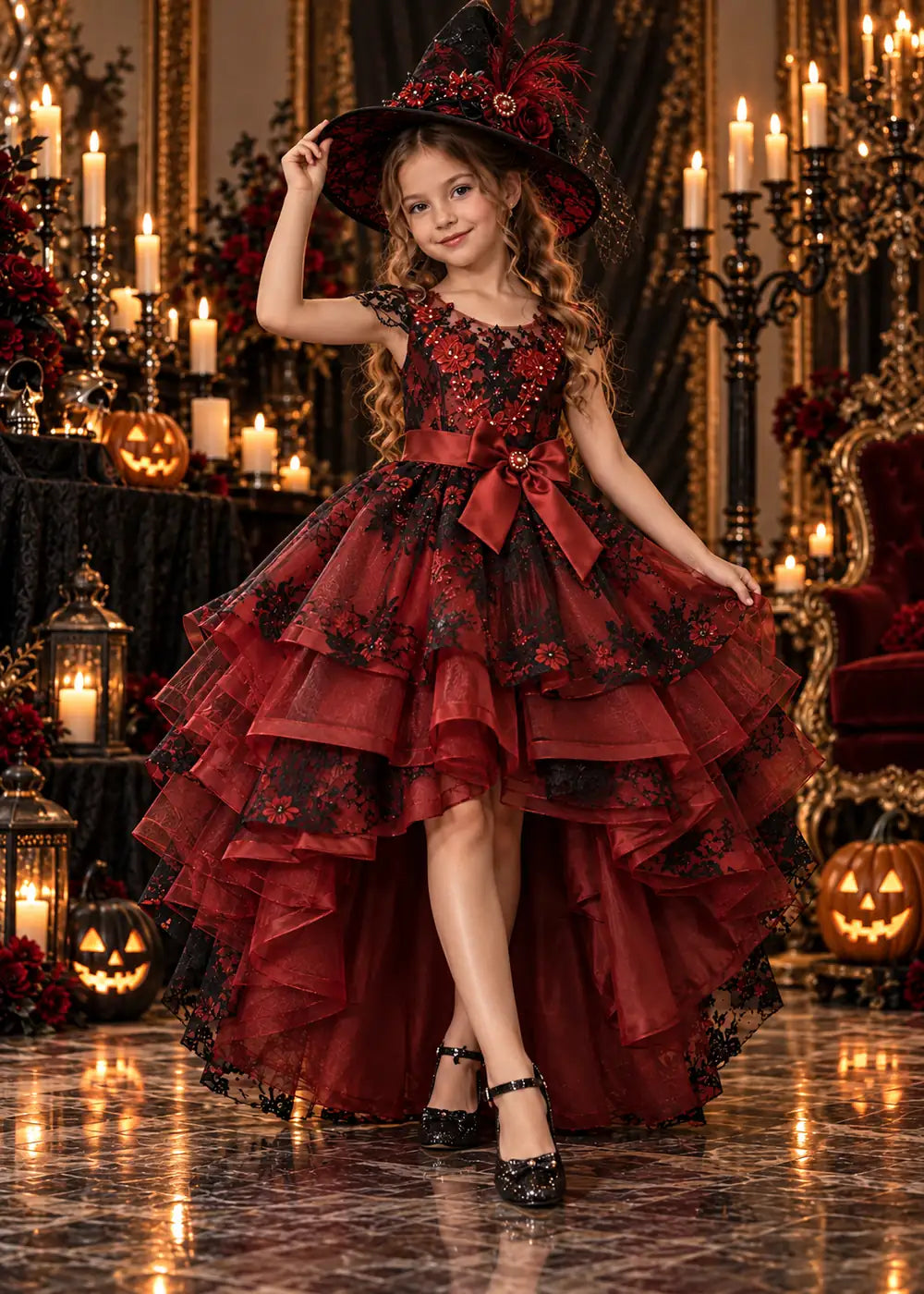 Detail view of the burgundy and black flower girl dress.