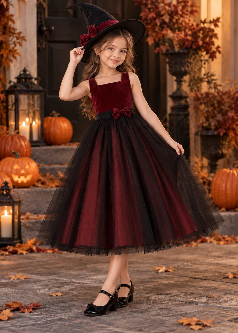 Detail view of the burgundy and black flower girl dress.