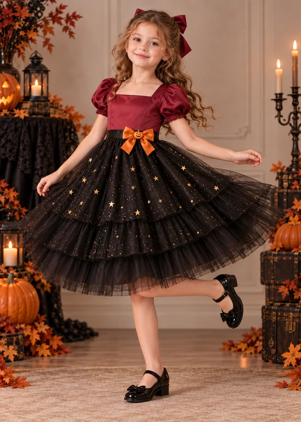 Detail view of the burgundy and black flower girl dress.