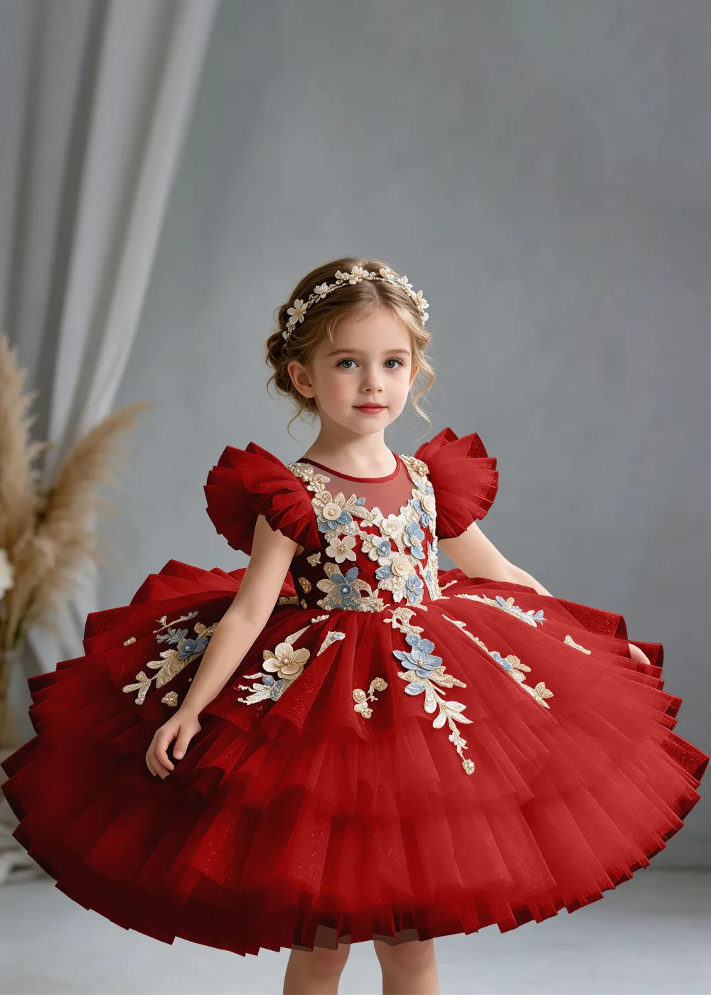 Flower girl dress in Burgundy, front view.