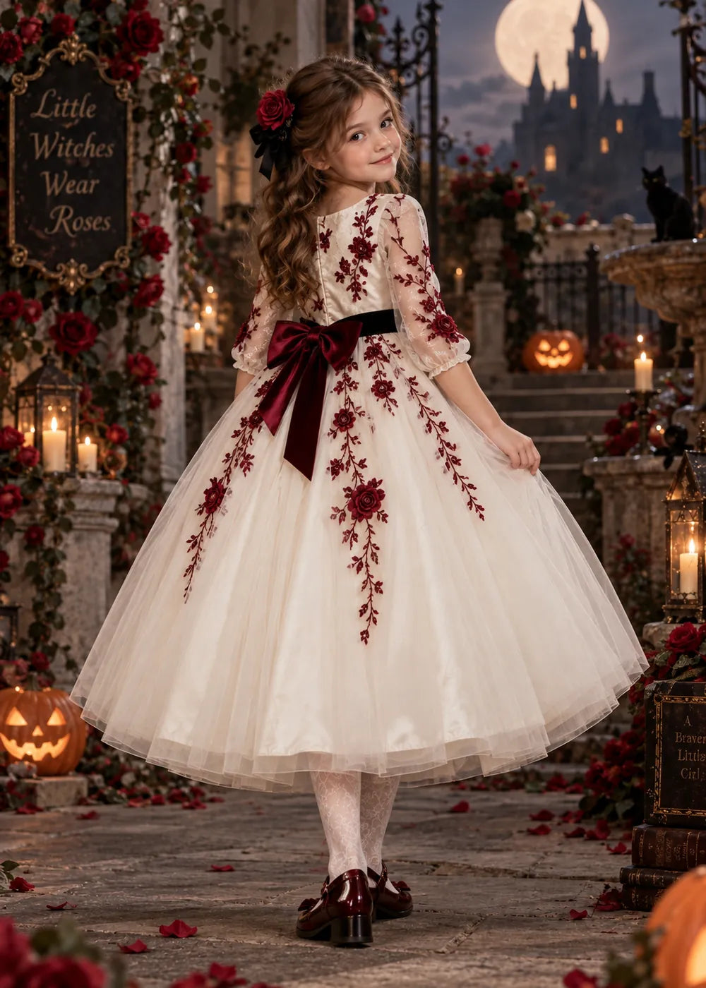 Side back view of the ivory, burgundy, and black flower girl dress.