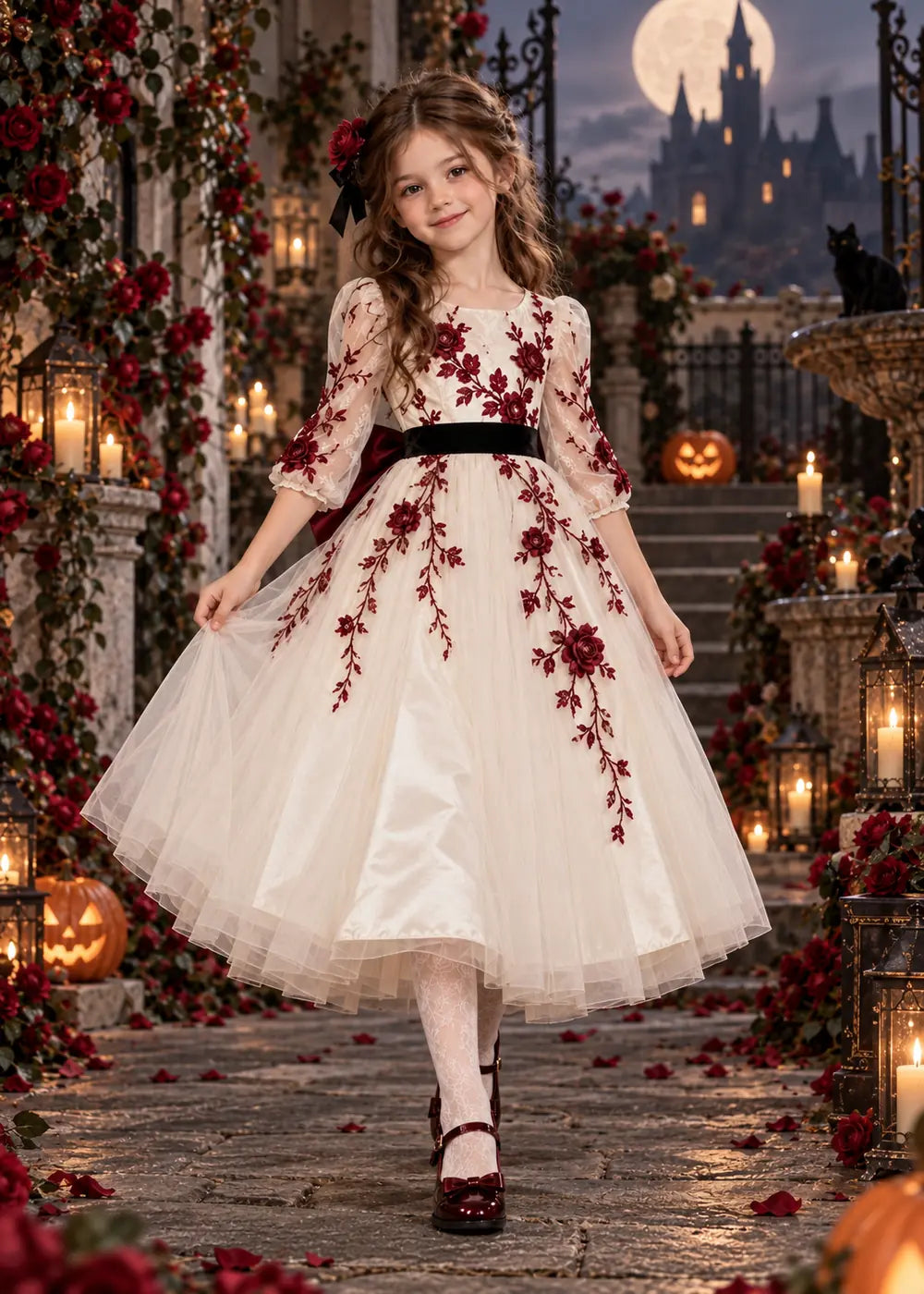 Detail view of the ivory, burgundy, and black flower girl dress.