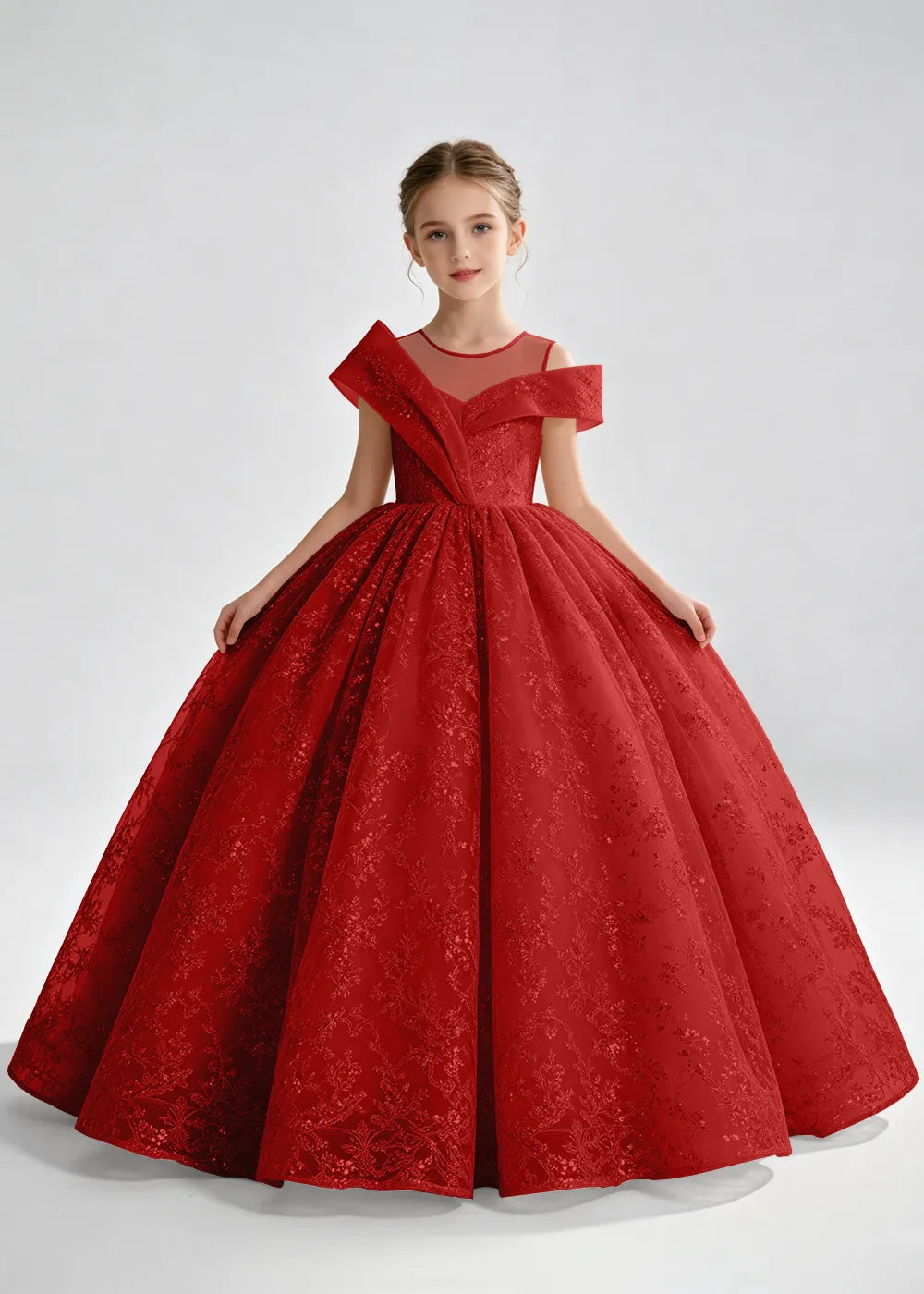 Navy Blue Illusion-Band Floral Flower Girl Dress
