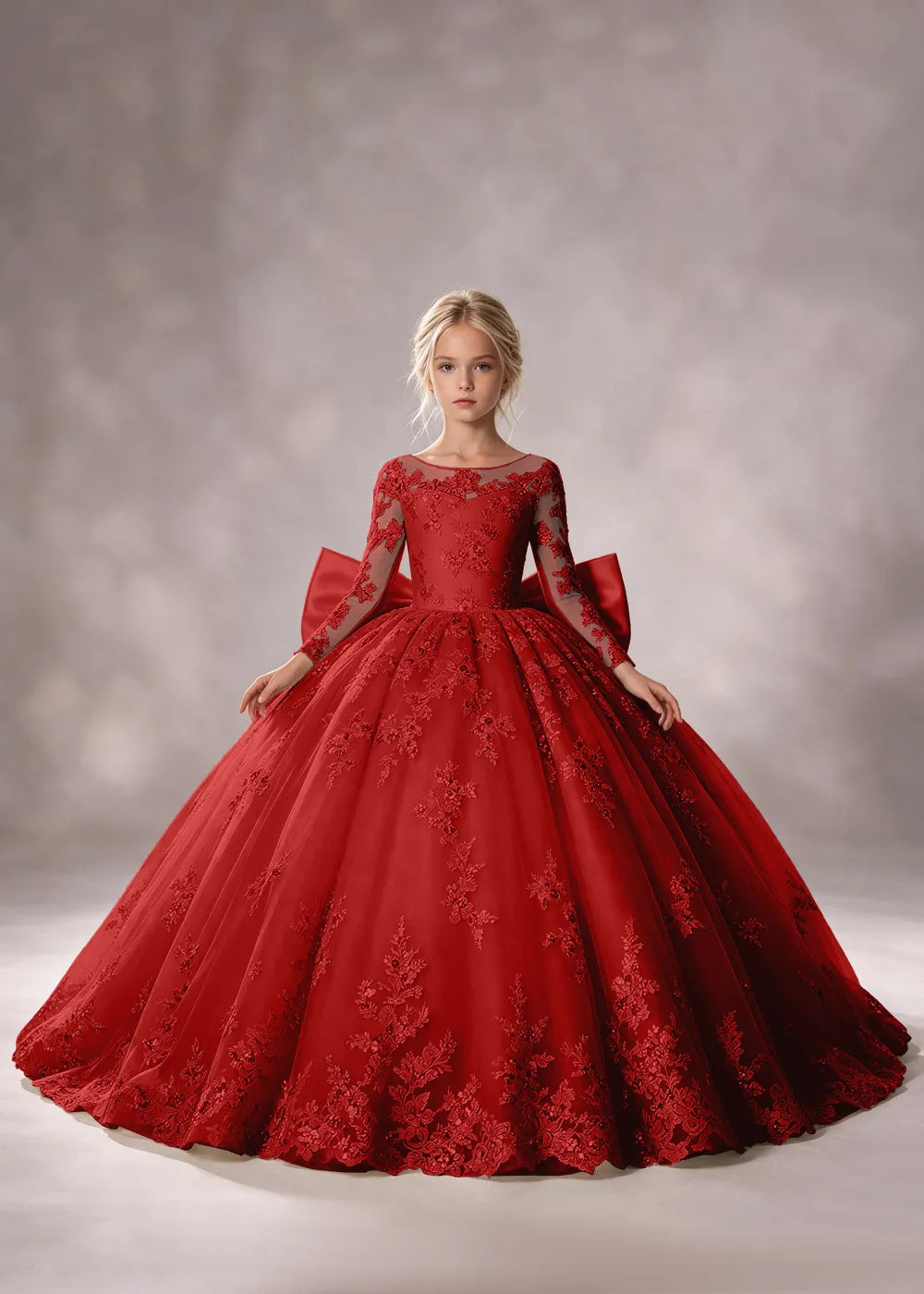 Flower girl dress in Burgundy, front view.