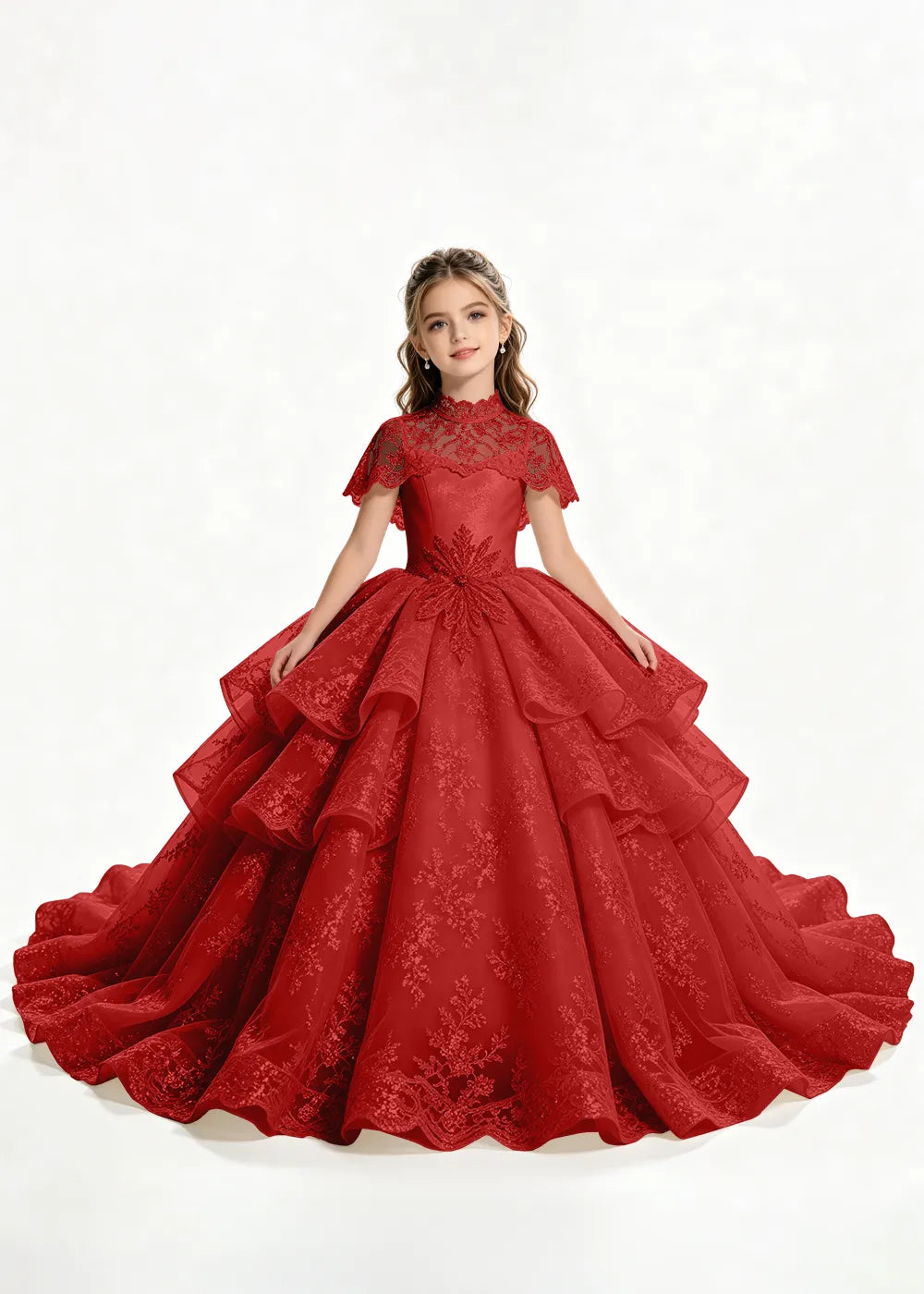 Flower girl dress in Burgundy, front view.