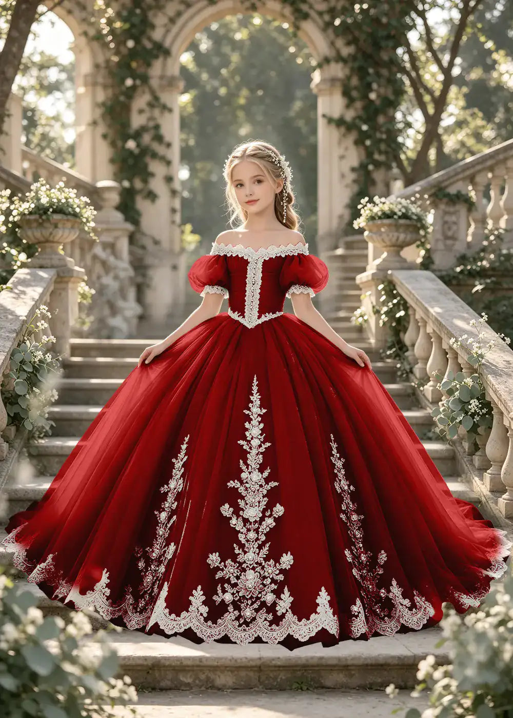 Flower girl dress in Burgundy, front view.