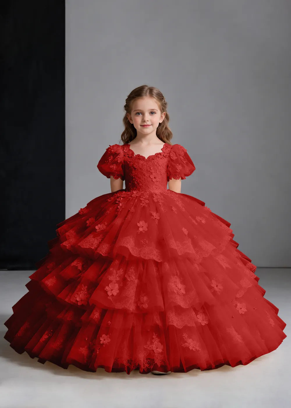 Flower girl dress in Burgundy, front view.