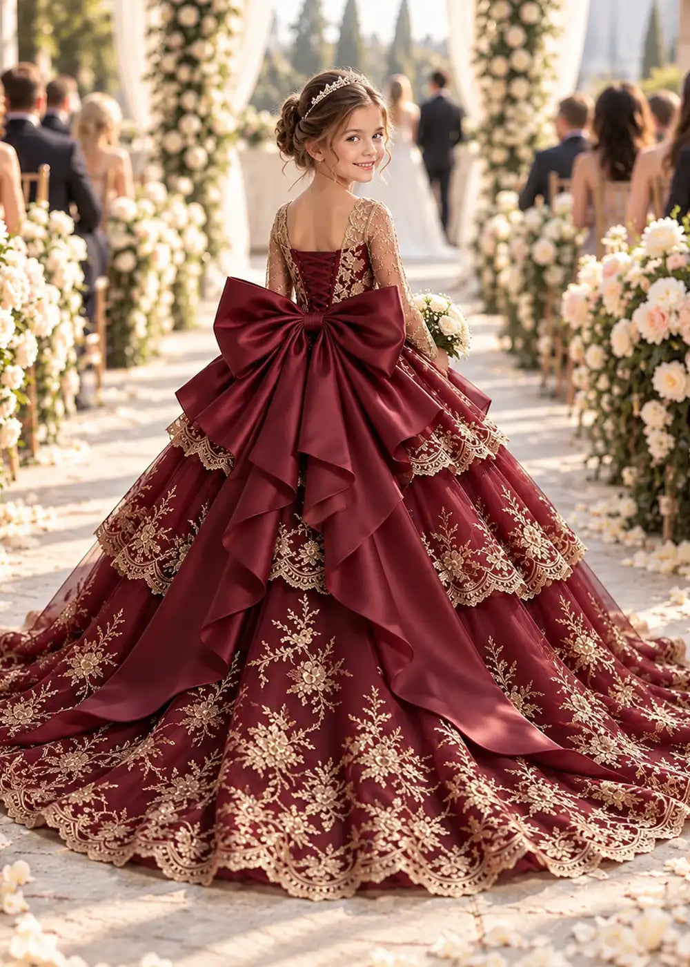 Long Sleeve Lace Flower Girl Dress with Sash Bow and Tiered Skirt