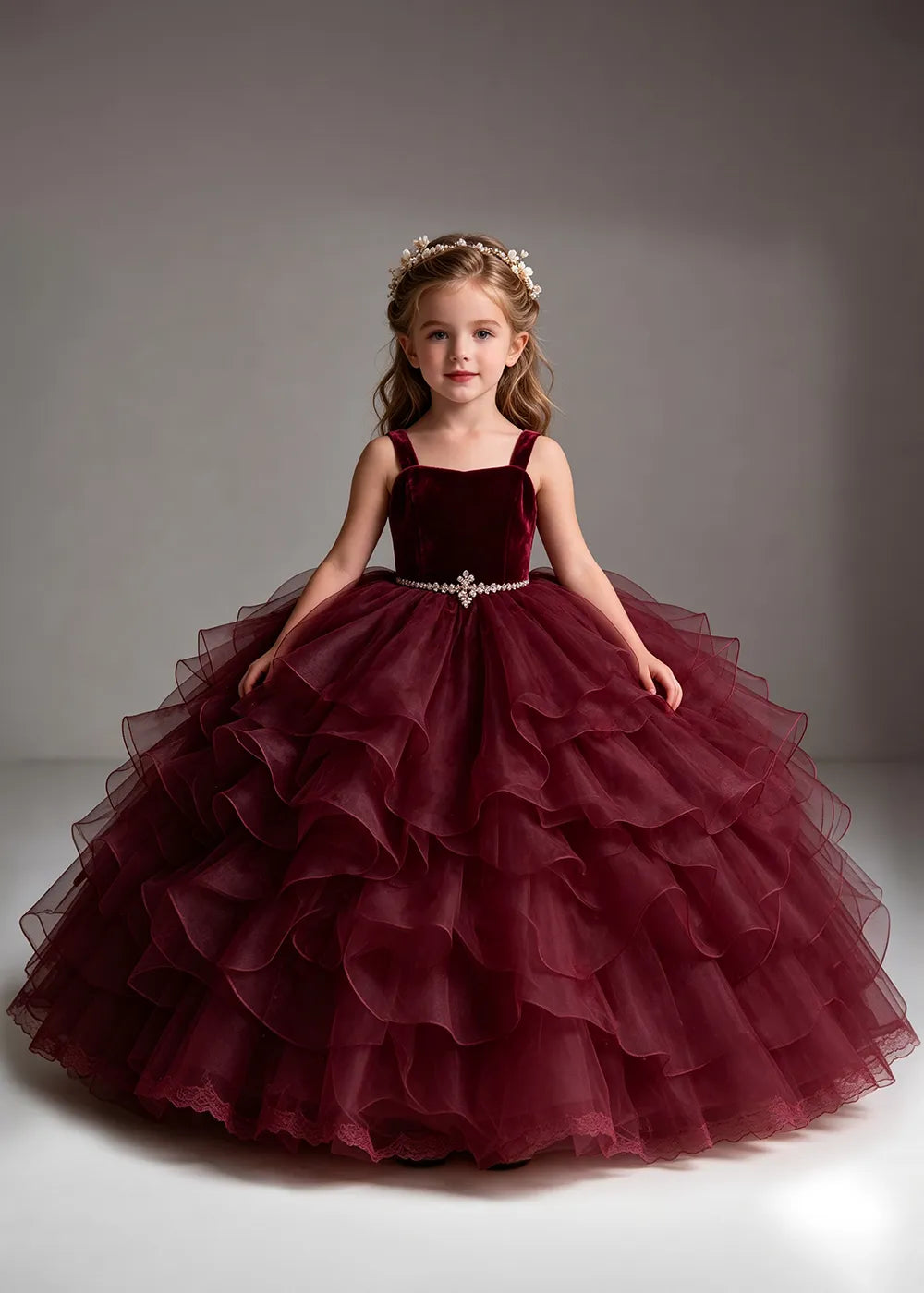 Burgundy Flower Girl Dress with Cascading Ruffles and Jeweled Waist