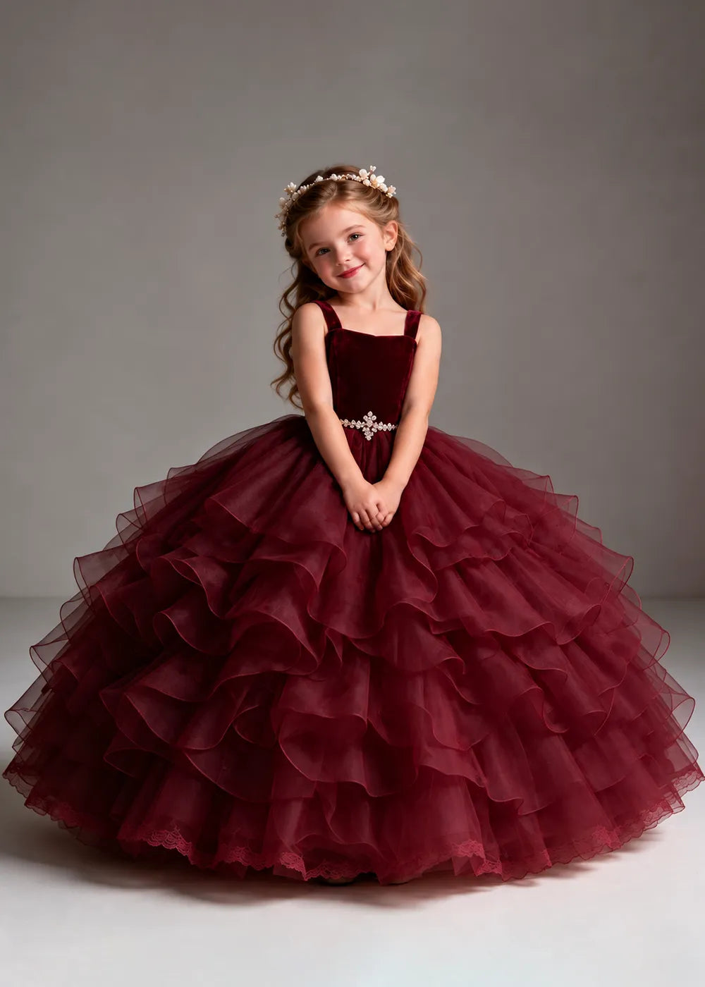 Burgundy Flower Girl Dress with Cascading Ruffles and Jeweled Waist