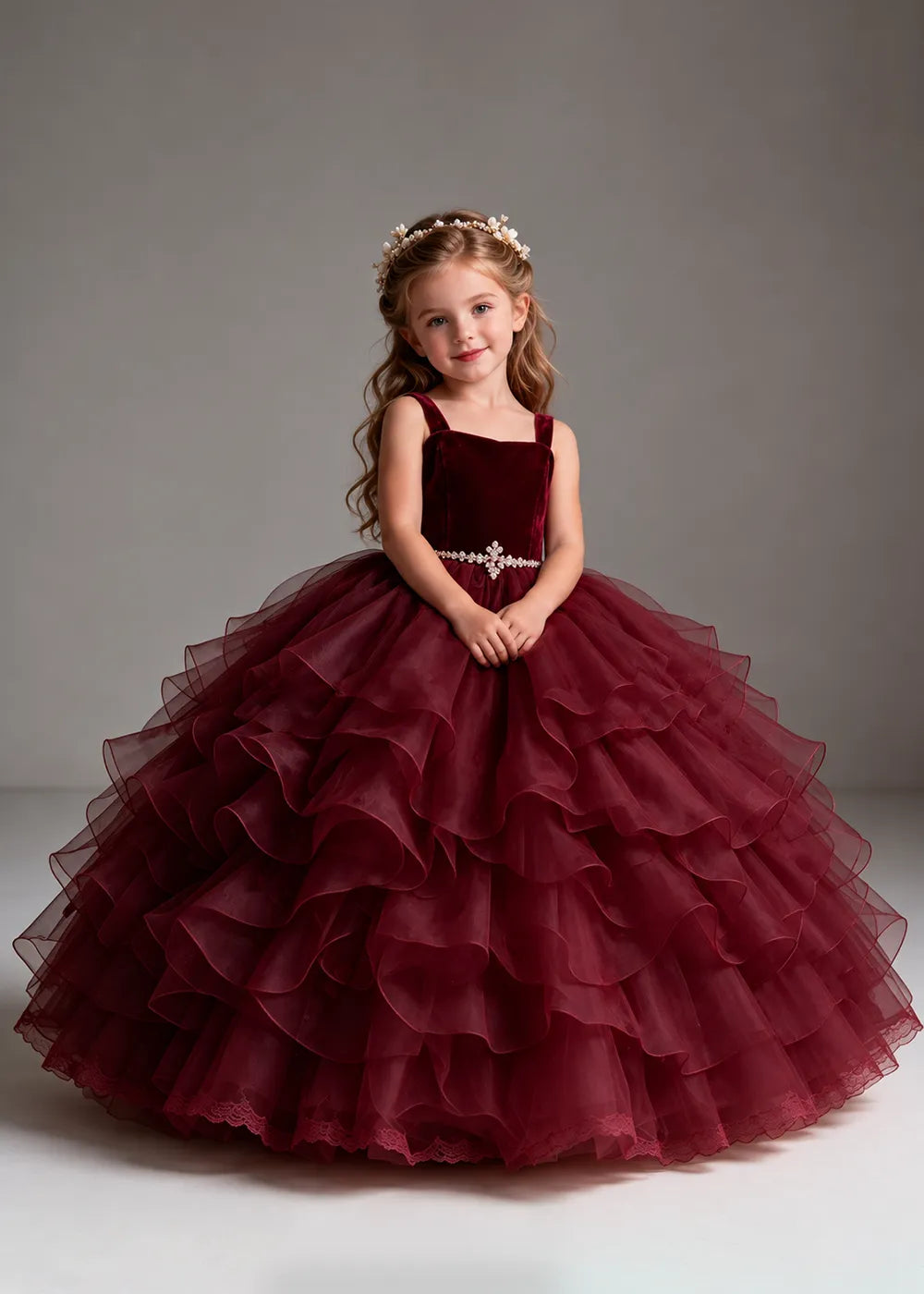 Burgundy Flower Girl Dress with Cascading Ruffles and Jeweled Waist