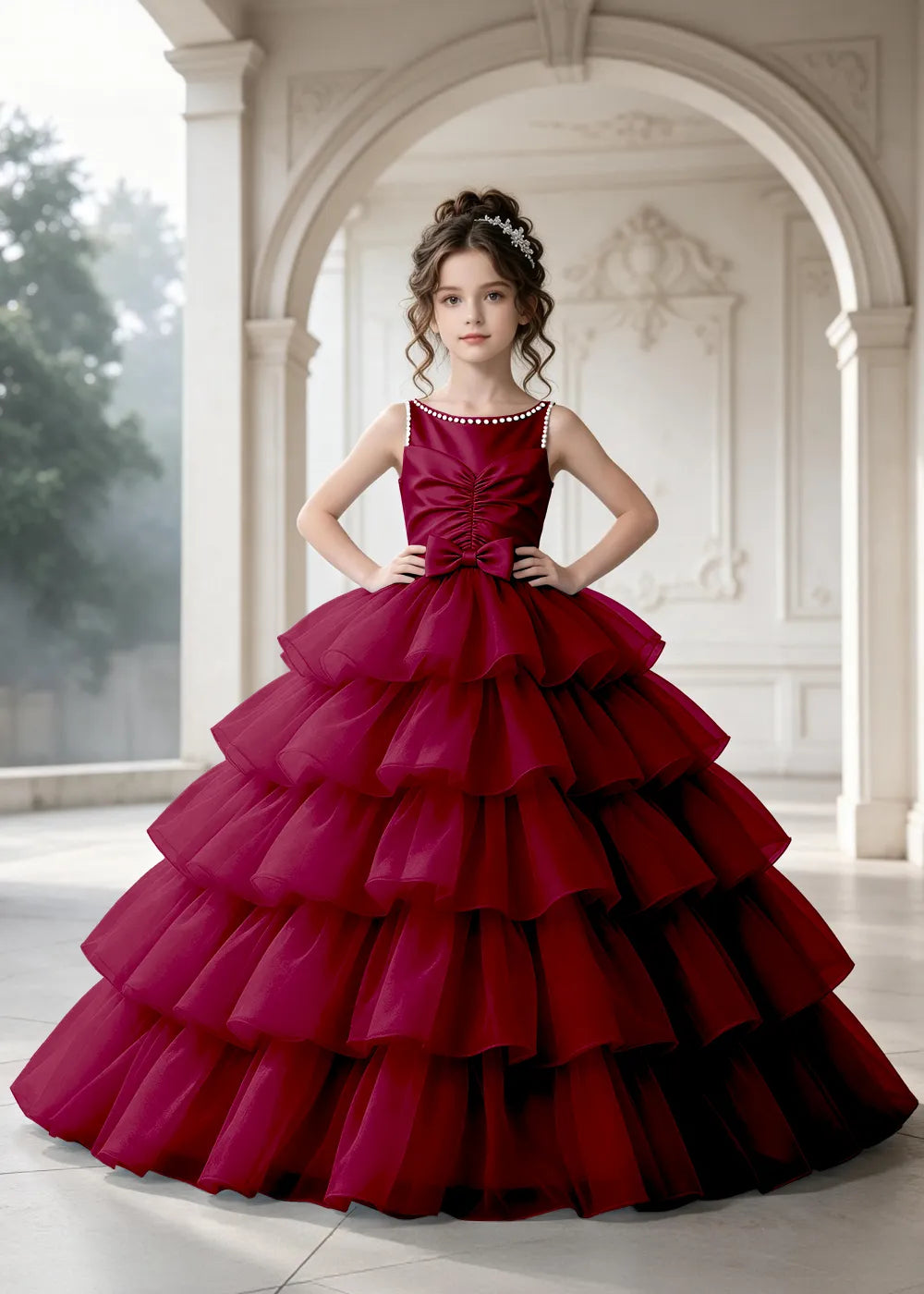 Flower girl dress in Burgundy, front view.