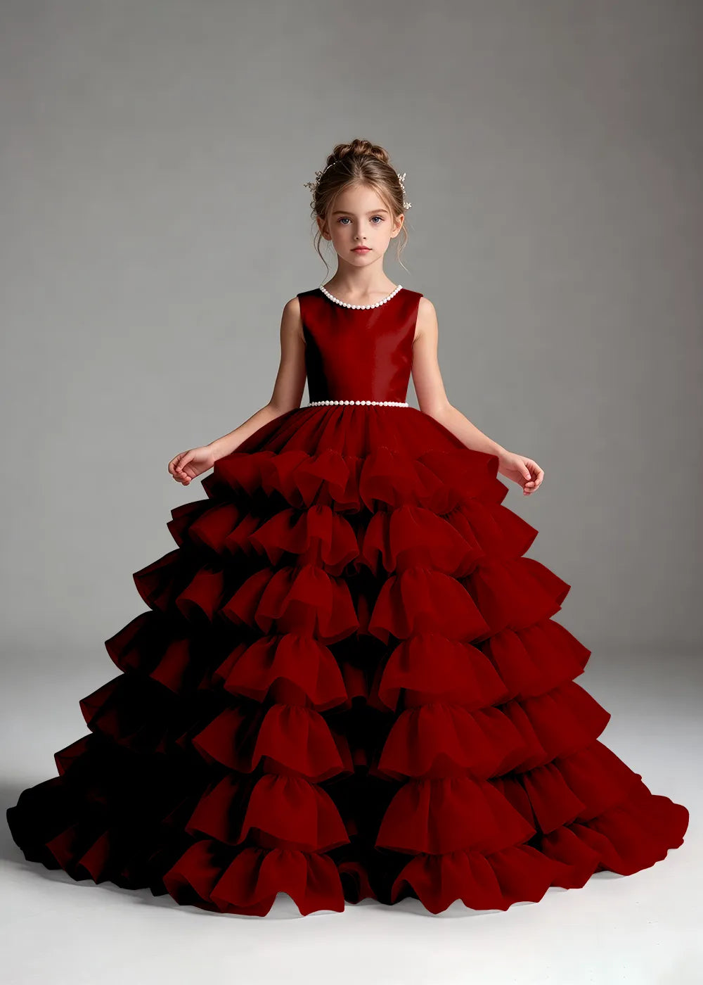 Royal Blue Pearl-Trimmed Tiered Ruffle Flower Girl Dress