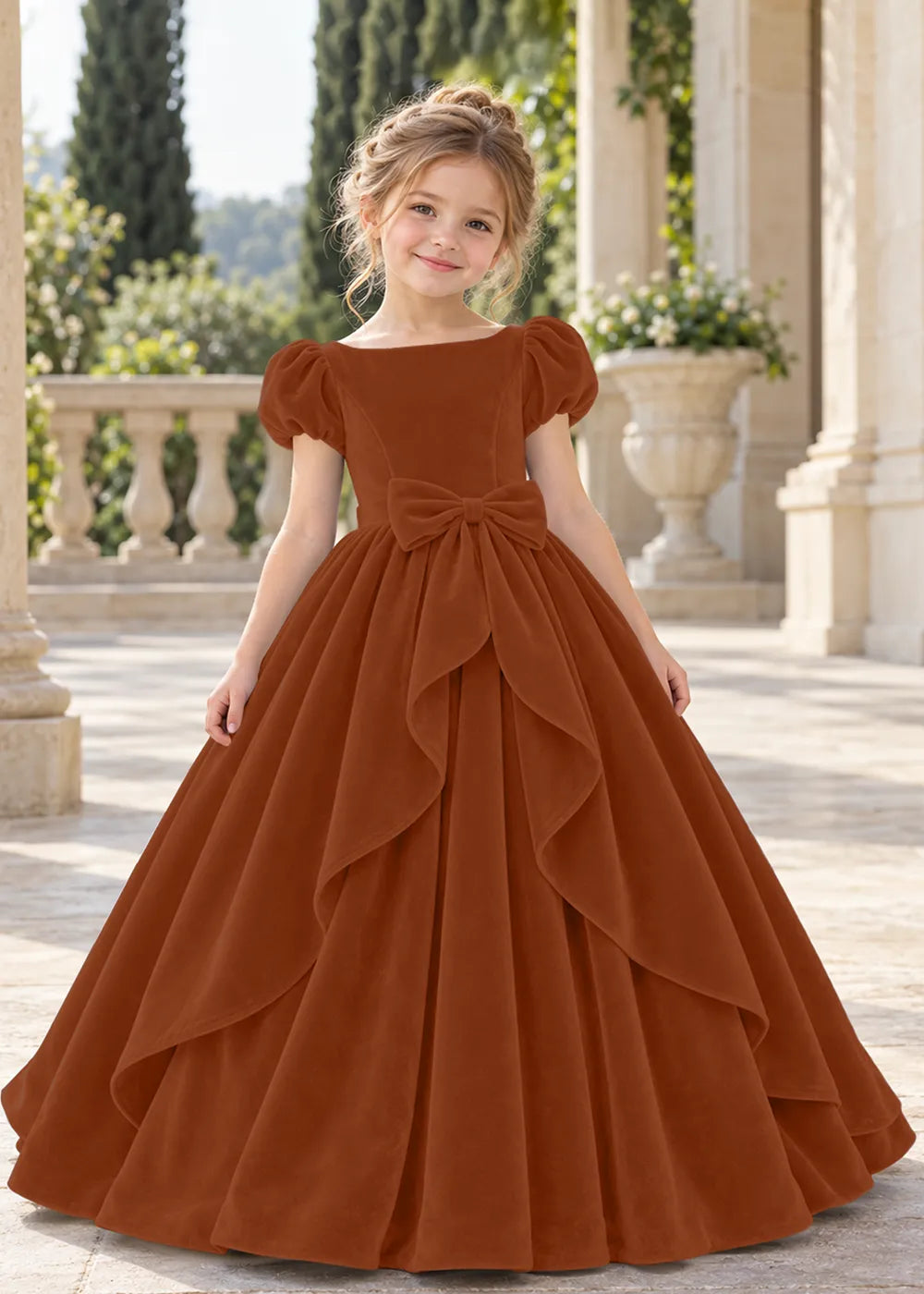 Front view of a child wearing a burgundy flower girl dress with a square neckline, short puff sleeves and a large velvet bow above a full tiered skirt.
