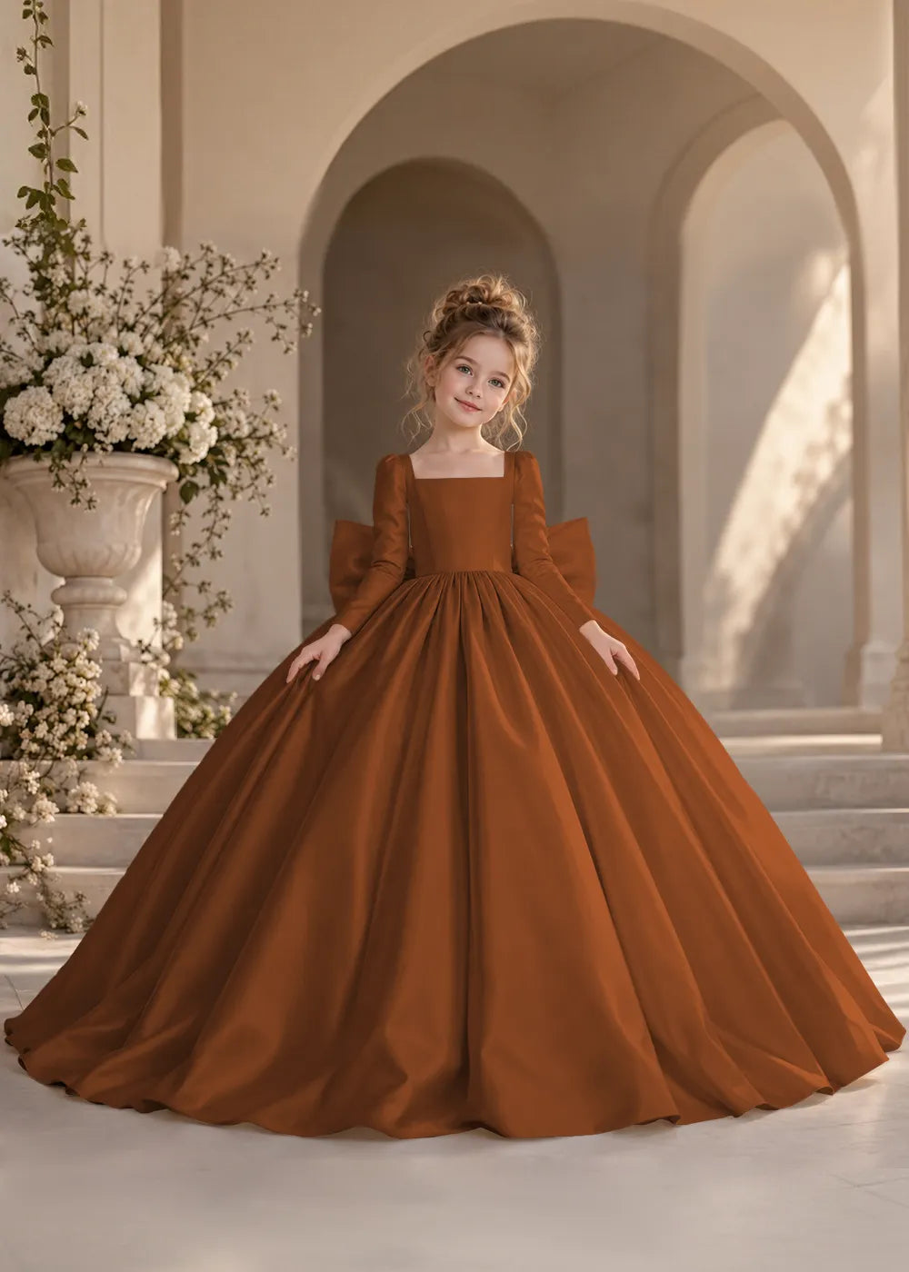 Ivory Long-Sleeve Flower Girl Dress with a Square Neckline and Bow