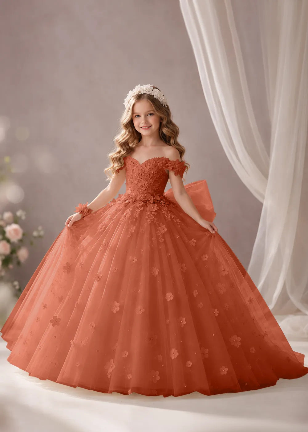 Ivory Flower Girl Dress with Off-Shoulder Florals and a Bow