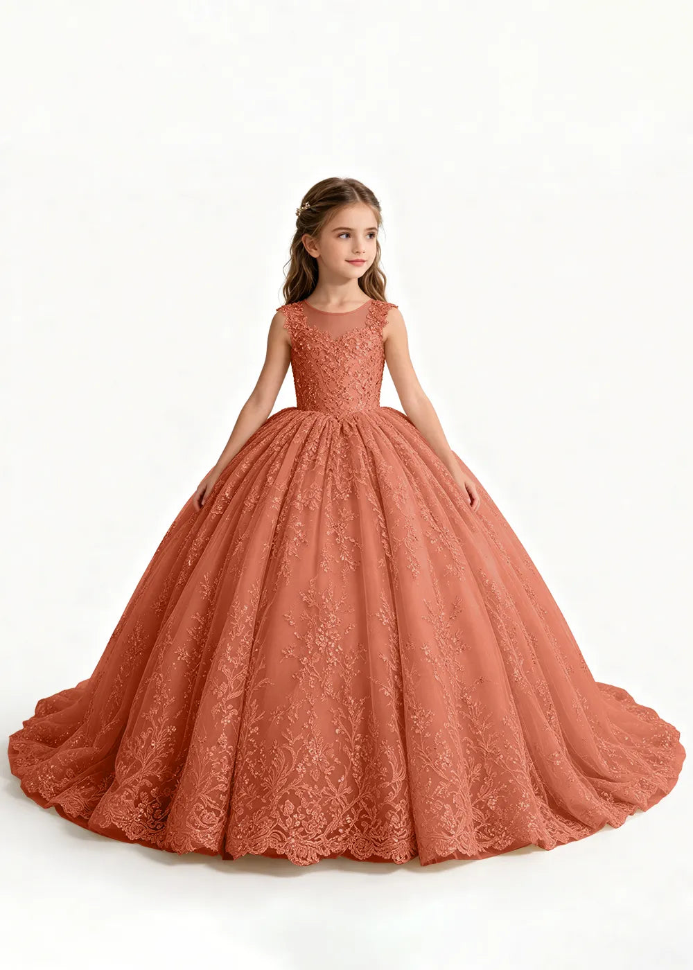 Navy Sleeveless Flower Girl Gown with Scalloped Train