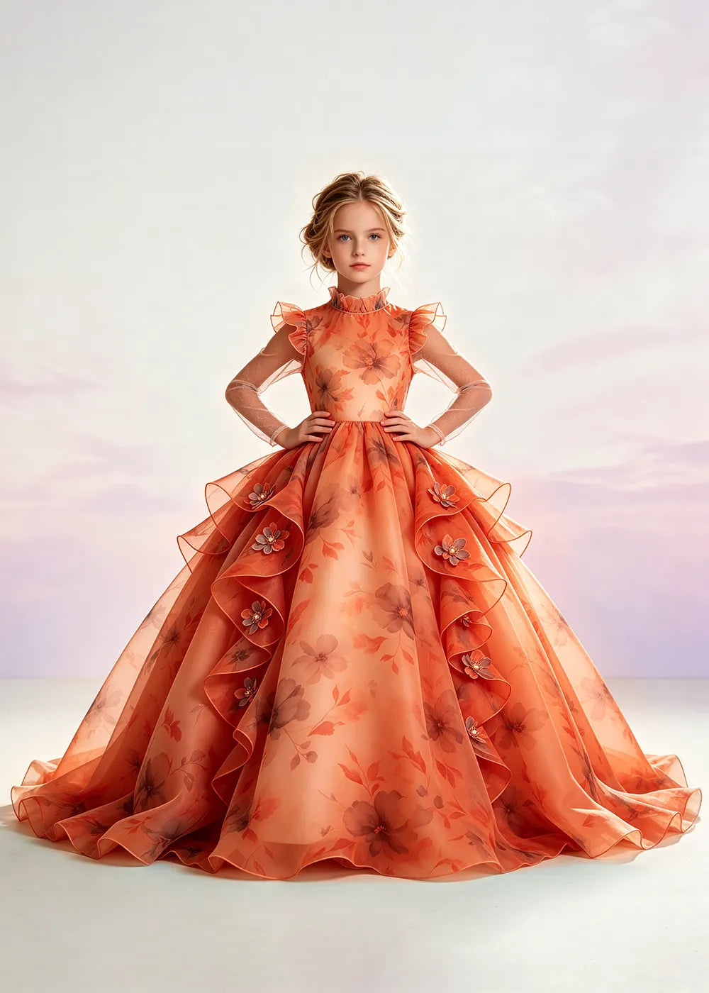 Navy Blue Floral Ruffle-Collar Flower Girl Dress