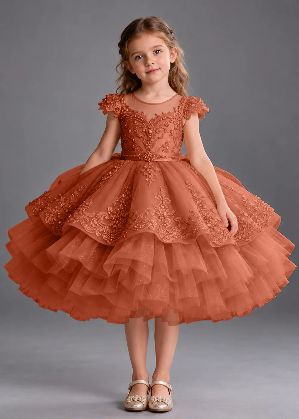 Navy Blue Flower Girl Dress with Beaded Lace and Short Ruffle Skirt