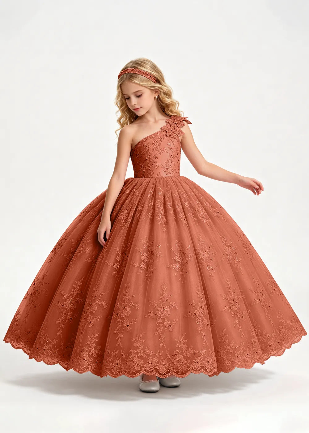 Navy One-Shoulder Flower Girl Gown with Scalloped Lace