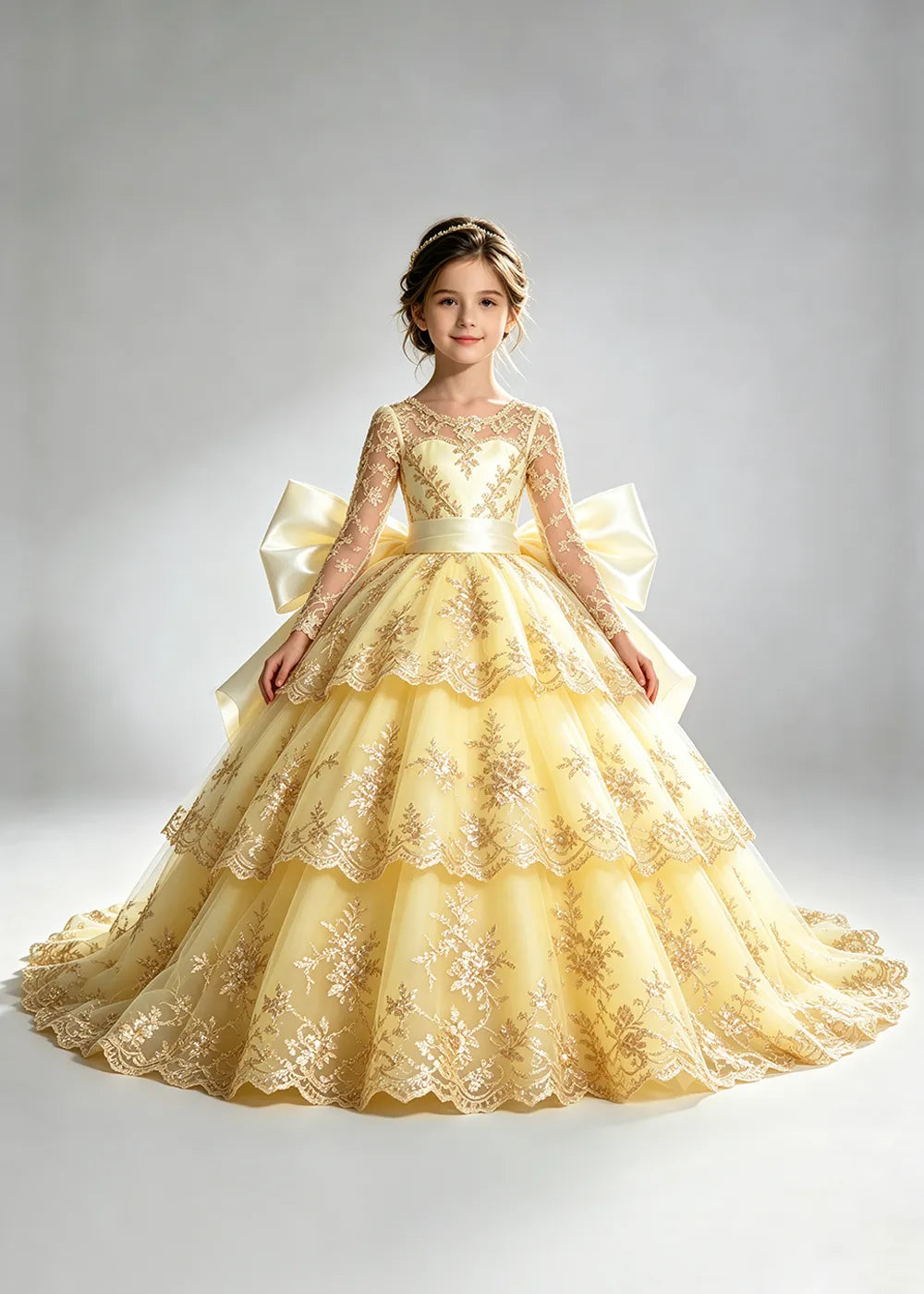 Long Sleeve Lace Flower Girl Dress with Sash Bow and Tiered Skirt