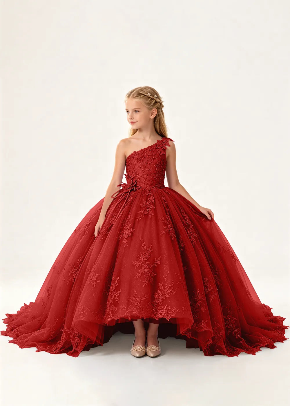 One-Shoulder High-Low Lace Princess Dress for Girls