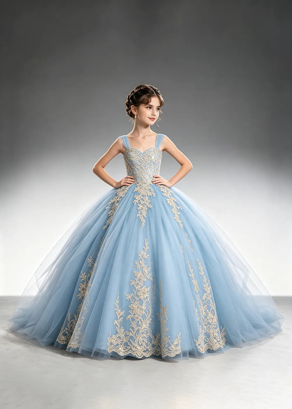 Metallic Appliqué Flower Girl Ball Gown Dress