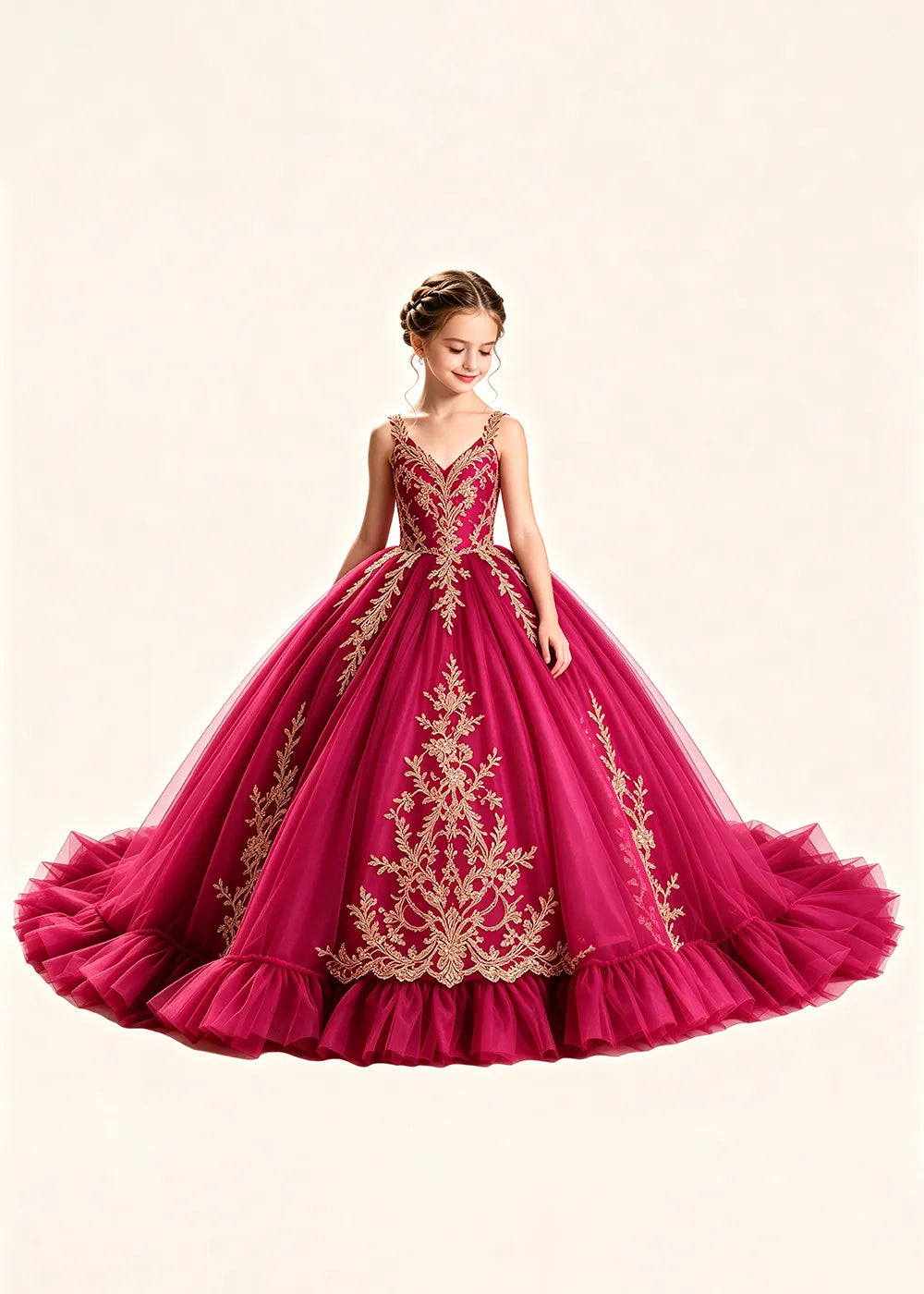 Gold Appliqué V-Neck Flower Girl Ball Gown Dress